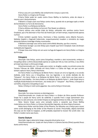Sirius usou em Lucio Malfoy não verbalmente e lançou-o para trás.
      Harry Potter e o Enigma do Príncipe:
         Harry Potter pode ter usado contra Draco Malfoy no banheiro, antes de atacar o
mesmo com o Sectumsempra.
         Belatriz e Snape usam esse feitiço contra Harry, quando ele os persegue após a morte
de Dumbledore na Torre de Astronomia.
      Harry Potter e as Relíquias da Morte:
         Harry ultilizou este feitiço no livro em Thor Rowle na cafeteria.
         Harry utilizou uma versão tripla do feitiço, utilizando três varinhas contra Fenrir
Greyback, que o fez desmaiar e ficar fora da história por um bom tempo, reaparecendo apenas
no final.
         Visto também quando Harry, Hermione e Rony (vestidos como Alberto Runcorn,
Mafalda Hopkirk e Reginald Cattermole, respectivamente) invadem o ministério da magia
deixando Dolores Umbridge eYaxley inconcientes.
         Bellatrix Lestrange usou várias vezes contra Molly Weasley, que fez o mesmo.
         Hermione Granger usa este feitiço para impedir que Fenrir Greyback mate Lilá Brown
na batalha de Hogwarts.
         Snape Usou esse Feitiço em um auror na fuga de hogwarts em Harry Potter e o Enigma
do Principe.

      Estupore
       Descrição: Este feitiço, assim como Estupefaça, mantém o alvo inconsciente, embora o
Estupefaça deixe a vítima desacordada apenas se usado por três ou mais varinhas, e seu efeito
principal seja lançar a vítima para longe.
       Visto/mencionado em:: Foi usado para conter os dragões usados na primeira prova do
Torneio Tribruxo de 1994. Utilizado em Harry Potter e o Cálice de Fogo, em que aurores
tentam capturar Harry, Rony e Hermione.
       Em Harry Potter e as Relíquias da Morte Parte I, houve um erro na legenda, e na versão
dublada, onde Harry usa o Estupefaça, mas nas legendas e na versão dublada ele diz
"Estupore". Em Harry Potter e as Relíquias da Morte Parte I , onde Harry usa duas vezes o
feitiço em Lucio Malfoy . Em Harry Potter e as Relíquias da Morte Parte II , onde Goyle lança a
maldição Avada Kedavra em Hermione , ela revida com o " Estupore" . Nos filmes, o Estupore é
vermelho, enquanto o Estupefaça é azul.
       Notas: O feitiço é inútil contra gigantes. Seu contra-feitiço é Ennervate.

      Evanesco
      Descrição: Faz coisas menores se desintegrarem.
      Visto/mencionado em: Usado em Harry Potter e a Ordem da Fênix quando Professor
Snape faz a poção de Harry sumir do caldeirão. E quando Fred e Jorge apresentam seus
produtos na sala comunal, Lino Jordan limpava os estragos(vomitos) no chão, com este feitico.
      Nota: Severo Snape usara uma variação contra a serpente que Draco Malfoy
materializou em Harry Potter e a Câmara Secreta/dos Segredos, ele disse Vipera Evanesco.
      Notes:Harry Potter and the Order of the Phoenix, Gui Weasley usa o feitiço para causar
some scrolls belonging to the Order of the Phoenix to vanish. Presumably, objects banished
this way can be made to reappear, as Bill probably expected to recover the scrolls later. Lily
Potter's maiden name was Evans.

      Everte Statum
      Descrição: Joga o adversário longe, enquanto dá piruetas no ar.
      Visto/mencionado em: Usado em Harry Potter e a Câmara Secreta (filme) quando Draco
duela contra Harry.


                                Hogwarts School-House Cup
 