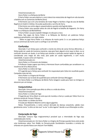Visto/mencionado em:
      Harry Potter e as Relíquias da Morte
        Harry Potter usa para destruir o carro lateral da motocicleta de Hagrid em vôo durante
a batalha com os Comensais da Morte.(livro)
        Hermione usa-o em uma tentativa de matar Nagini e facilitar a fuga da casa de Batilda
Bagshot em Godric's Hollow. Ela acaba quebrando a varinha de Harry.
        Hermione usa contra alguns sequestradores quando está fugindo deles.
        Harry Potter usou quando saltou do colo de Hagrid na batalha de Hogwarts. Em Harry
Potter e as Relíquias da Morte(filme)
        Harry Potter usa para explodir Edwiges no vôo para a toca.
      Nota: Nos jogos de Harry Potter e as Relíquias da Morte,é um poderoso feitiço
explosivo,semelhante a um rojão violeta.
      ¨¨(Nota no jogo Harry Potter e as relíquias da morte parte 2 e e um poderoso feitiço
azul,os comensais da morte usam o confrigo e sai vermelho

      Confundus
       Descrição: É um feitiço para confundir a mente da vitima de varias formas diferentes, o
feitiço pode ser usado de inumeras maneiras, seja para fazer alguem errar oque ia dizer, ou se
confundir durante um duelo, é um feitiço que envolve a confusão mental rapida de alguem, é
considerada uma magia de alto nivel, pois pode ser usada legalmente, e com muita
capacidade, é quase como um Imperius.
       Visto/mencionado em:
       Harry Potter e o Prisioneiro de Azkaban
         Professor Snape sugere que Harry e Hermione foram confundidos por acreditarem na
inocência de Sirius Black.[livro]
       Harry Potter e o Cálice de Fogo
         É sugerido que o feitiço para confundir foi responsável pelo Cálice ter escolhido quatro
Campeões invés de três.
       Harry Potter e o Enigma do Príncipe
         Hermione usa no teste de quadribol para confundir Córmaco McLaggen
       Em Harry Potter e as Relíquias da Morte Parte 1(Jogo) é usado para fazer os inimigos se
atacarem por um tempo.

      Conjunctivitus
      Descrição: Uma azaração que afeta os olhos e a visão da vítima.
      Visto/mencionado em:
      Harry Potter e o Cálice de Fogo
        Sugerida por Sirius Black na carta que ele mandou a Harry e usada por Viktor Krum na
primeira tarefa do Torneio Tribruxo.
      Harry Potter e a Ordem da Fênix
        Usada por Madame Maxime contra alguns gigantes.
      Notas: Provavelmente, o nome comum derivado da doença conjutivite, sabida mais
geralmente como “o olho cor-de-rosa” ou da “o olho lagarta” devido a sua inflamação no olho.


      Conjuração de fogo
      Descrição: Conjura fogo magicamente,é provável que a intensidade do fogo seja
controlada pela mente.
      Visto/mencionado em: Em Harry Potter e o Enigma do Príncipe quando Harry está vendo
uma lembrança sobre Tom Riddle na Penseira,onde Dumbledore incendeia o armário do
orfanato em quanto falava com ele(com Tom Riddle).


                                 Hogwarts School-House Cup
 