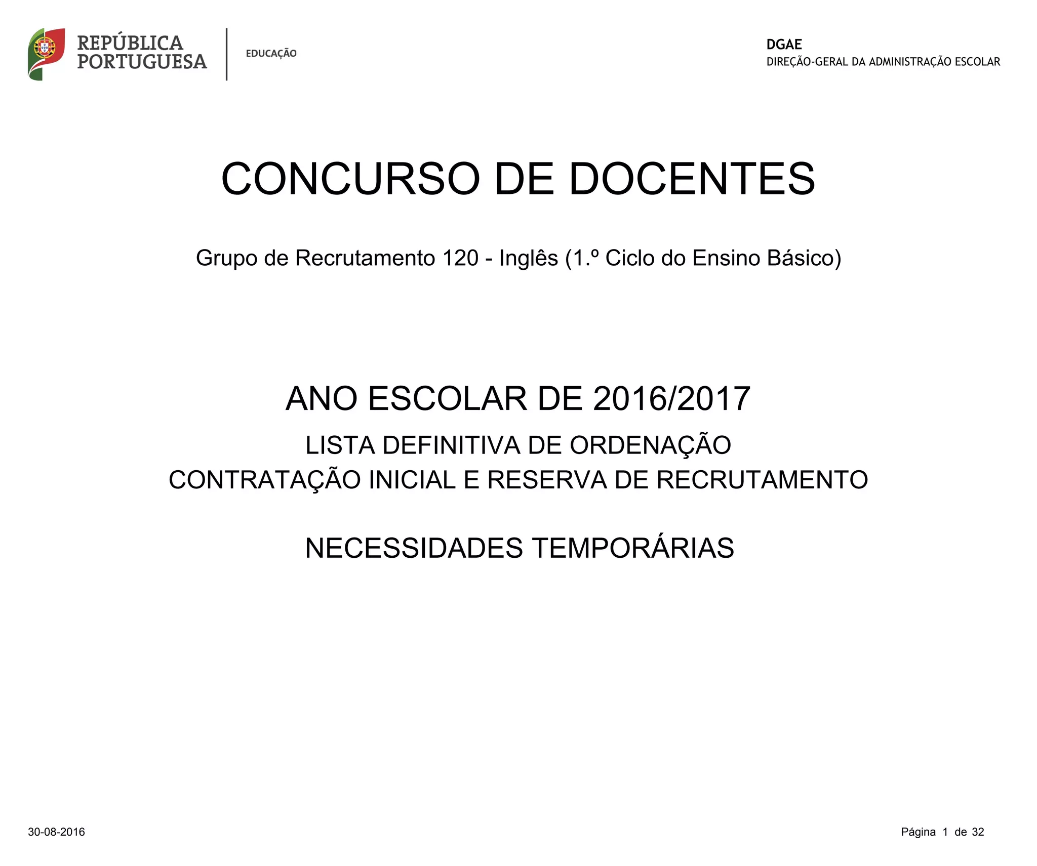 ANO ESCOLAR DE 2016/2017
NECESSIDADES TEMPORÁRIAS
LISTA DEFINITIVA DE ORDENAÇÃO
CONTRATAÇÃO INICIAL E RESERVA DE RECRUTAMENTO
Grupo de Recrutamento 120 - Inglês (1.º Ciclo do Ensino Básico)
CONCURSO DE DOCENTES
30-08-2016 32Página 1 de
 