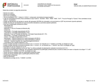 Lista definitiva de ordenação
Contratação Inicial e Reserva de Recrutamento
Ano Escolar de 2016/2017
Desta lista constam os seguintes elementos:
• Número de ordem;
• Número de utilizador;
• Nome do/a candidato/a;
• Tipo de candidato/a ('EXT - Externo' e 'LSVLD - Licença sem vencimento de longa duração');
• Lugar de colocação/provimento (Para candidatos do tipo 'Externo': "AE/ENA", "RAA", "RAM", "EME", "EHT", "Fora de Portugal" e "Outros"; Para candidatos do tipo
'LSVLD': "Continente");
• Código de agrupamento de escolas ou escola não agrupada (AE/ENA) de colocação ou de provimento ou QZP de provimento (quando aplicável);
• Código de grupo de recrutamento em que se encontra colocado/a ou provido/a (quando aplicável);
• Grau que a qualificação profissional confere:
- Bacharelato (B);
- Licenciatura (L);
- Mestrado 2.º ciclo do Processo de Bolonha (M);
- Outros (O);
- Bacharelato + Formação especializada (B+FE);
- Licenciatura + Formação especializada (L+FE);
- Mestrado 2.ºciclo do Processo de Bolonha + Formação Especializada (M + FE);
- Bacharelato + Formação complementar (B+FC);
- Outros + Formação complementar (O+FC);
- Bacharelato + Diploma Espanhol de Língua Estrangeira (B+DELE);
- Licenciatura + Diploma Espanhol de Língua Estrangeira (L+DELE);
- Mestrado + Diploma Espanhol de Língua Estrangeira (M+DELE);
- Licenciatura (com variante Espanhol) (L+E).
• Prestou funções docentes nos termos da alínea b) do n.º 3 do art.º 10.º Decreto-Lei n.º 132/2012, de 27/06, na redação em vigor;
• Prestou funções docentes nos termos da alínea c) do n.º 3 do art.º 10.º do Decreto-Lei n.º 132/2012, de 27/06, na redação em vigor;
• Prioridade em que se posiciona (2ª ou 3ª);
• Obtenção da menção qualitativa mínima de "Bom" na última avaliação de desempenho realizada nos termos do E.C.D.;
• Graduação arredondada às milésimas, dos candidatos detentores de qualificação profissional para a docência obtida com base no disposto nos artigos 11.º e 49.º
do Decreto-Lei n.º 132/2012, de 27/06, na redação em vigor;
• Tempo de serviço prestado antes da qualificação profissional (dias);
• Tempo de serviço prestado após a qualificação profissional (dias);
• Classificação profissional;
• Data de nascimento;
• Candidatura ao abrigo do DL n.º 29/2001, de 03/02.
Página 32 de 3230-08-2016
 