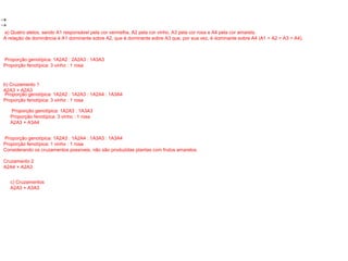 a) Quatro alelos, sendo A1 responsável pela cor vermelha, A2 pela cor vinho, A3 pela cor rosa e A4 pela cor amarela.
A relação de dominância é A1 dominante sobre A2, que é dominante sobre A3 que, por sua vez, é dominante sobre A4 (A1 > A2 > A3 > A4).
b) Cruzamento 1
A2A3 × A2A3

Proporção genotípica: 1A2A2 : 2A2A3 : 1A3A3
Proporção fenotípica: 3 vinho : 1 rosa
Cruzamento 2
A2A4 × A2A3

Proporção genotípica: 1A2A2 : 1A2A3 : 1A2A4 : 1A3A4
Proporção fenotípica: 3 vinho : 1 rosa


Proporção genotípica: 1A2A3 : 1A3A3
Proporção fenotípica: 3 vinho : 1 rosa
A2A3 × A3A4
Proporção genotípica: 1A2A3 : 1A2A4 : 1A3A3 : 1A3A4
Proporção fenotípica: 1 vinho : 1 rosa
Considerando os cruzamentos possíveis, não são produzidas plantas com frutos amarelos.
c) Cruzamentos
A2A3 × A3A3
 