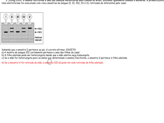 5. (Pucmg 2009) A anemia falciforme é uma das doenças hereditárias mais comuns no Brasil, afetando igualmente homens e mulheres. A primeira pista
Uma eletroforese foi executada com cinco amostras de sangue (I, II, III, IV e V), retiradas de diferentes pelo casal.
Sabendo que a amostra I pertence ao pai, é correto afirmar, EXCETO:
a) A mostra de sangue III certamente pertence a uma das filhas do casal.
b) A filha adotada pode ser heterozigota desde que a mãe adotiva seja homozigota.
c) Se a mãe for heterozigota para os alelos que determinam a anemia falciforme, a amostra V pertence à filha adotada.
d) Se a amostra V foi retirada da mãe, a amostra III só pode ter sido retirada da filha adotada.
 