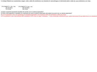 4. (Unesp) Observe os cruzamentos a seguir, onde o alelo (A) condiciona a cor amarela em camundongos e é dominante sobre o alelo (a), que condiciona a cor cinza.
Analise os resultados destes cruzamentos e responda.
a) Qual cruzamento apresenta resultado de acordo com os valores esperados?
b) Como você explicaria o resultado do cruzamento em que os valores observados não estão de acordo com os valores esperados?
4. a) O cruzamento II (Aa x aa) apresenta os resultados esperados, pois resulta em 50% Aa (amarelos) e 50% aa (cinza).
b) O cruzamento II (Aa x Aa) produziu 66% amarelos e 33% cinza, ou seja, 2 amarelos : 1 cinza, proporção indicativa de que o gene dominante (A) que determina a cor amarela é
4. (Unesp) Observe os cruzamentos a seguir, onde o alelo (A) condiciona a cor amarela em camundongos e é dominante sobre o alelo (a), que condiciona a cor cinza.
 