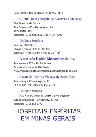 Caixa postal: 180 Telefone: (018)3902-2111
• Comunidade Terapêutica Bezerra de Menezes
São Bernardo do Campo
Rua Batuira, 400 – Bairro Assunção
CEP: 09861-550
Telefone: (011) 4109-6422 Fax: 4109-7290
• Unidade Paulínia
Rua Um, 300/388 –
Parque Represa CEP: 13140-000
Telefone: (019) 874-4916 São Paulo – SP
• Associação Espírita Mensageiros de Luz
Rua Noruega 332 – Jd. Paulistano
Americana interior de São Paulo
www.mensageirosdeluzamericana.com.brUnidade Paulínia
• Sanatório Espírita Vicente de Paulo (SP)
Rua Henrique Morgan Aguiar, 45
CEP 14.076-230 – Ribeirão Preto – SP
• Unidade Paulina
Av. Nova Cantareira, 3050 Bairro Tucuruvi
Cidade de Caieiras – SP CEP: 02340-000
Telefone: (011) 203-5773
HOSPITAIS ESPÍRITAS
EM MINAS GERAIS
 