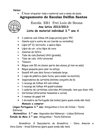 Notas:
      • É favor etiquetar todo o material com o nome do aluno.
          Agrupamento de Escolas Delfim Santos
                   Escola EB1 Frei Luís de Sousa
                       Ano letivo 2012/2013
               Lista de material individual 3.º ano A

      •    1 caderno com linhas A4 (capa preta) para TPC
      •    Caneta azul e outra de cor (verde ou vermelha)
      •    Lápis (nº 2), borracha e apara-lápis
      •    Lápis de cor e/ou lápis de cera
      •    Canetas de feltro
      •    Tubo de cola (batom) UHU (grande)
      •    Tubo de cola UHU universal
      •    Tesoura
      •    Régua com 50 cm (maior parte dos alunos já tem na sala)
      •    Régua pequena para usar no estojo
      •    Dossiê A4 com dois furos e lombada larga
      •    1 capa de plástico (sem furos, para andar na mochila)
      •    Separadores de cartolina (mínimo conjunto de 6)
      •    1 recarga de folhas A4 com linhas
      •    1 recarga de folhas A4 quadriculadas
      •    1 caderno de cartolinas coloridas A4 (atenção, tem que dizer A4)
      •    Cartolinas (diferentes tamanhos e cores)
      •    1 resmas de papel A4
      •   1 dicionário de Português (de bolso) (para quem ainda não tem)
          Manuais a comprar:
  Língua Portuguesa 3.º ano: Amiguinhos e livro de fichas – Texto
  Editores
   Matemática 3.º ano: Segredos dos Números – Lisboa Editores
Estudo do Meio 3.º ano: Amiguinhos – Texto Editores

       Gramática: À Descoberta da Gramática – Clara Amorim e
Vera Costa - Areal Editores (para quem ainda não tem)
 