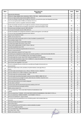 Item Descrição dos
Materiais
Unid Qtde
1 Estrutura de alvenaria pç 1
2 Porta em chapa metálica tipo veneziana (1400 x 2100 mm) - abertura de duas portas pç 1
3 Porta em chapa metálica tipoveneziana (800x 2100mm) pç 2
4
Grade de proteçãoremovível com armação decantoneira, comporta deacesso com dispositivo para lacre,
tela de aramegalvanizado 12 BWG commalha de 10mm no
máximo (lacre na porta e na grade)-Cubiculode medição
pç 1
5
Grade de proteção removívelcomarmação decantoneira e tela dearamegalvanizado
12 BWG, com malha de 10 mmnomáximo-Com porta) -Cubiculoda Proteçãoe Trafo.
pç 2
6 Veneziana para ventilação natural(1.400x 600mm) pç 7
7 Janela para iluminação natural(1.400x 600mm) pç 2
8
Grade de proteçãocomarmação decantoneira e tela de aramegalvan.commalha de
13 mm no máx.p/ proteção dejanela deilumin.Natural pç 2
9 Suporte para fixaçãodas muflas pç 1
10 Mufla interna classe15 Kv pç 4
11 Suporte para chaveseccionadora deferrochato chumbado na parede(3/16") pç 2
12 Seccionadora tripolar 15kV pç 2
13 Alavanca demanobra para seccionadora tripolar pç 2
14 Isolador depassagem tipointerno,classe 15 kV pç 3
15 Chapa deferro galvanizado 3,5(1/8”) x 700x 1.700 mm pç 2
16 Isolador de pedestal classe15kV pç 9
17 Eletrodutode entrada deaço galvanizado (4") barra 6 m pç 12
18 Bucha e contra bucha (4") pç 9
19 Cabo subterrâneo unipolar25 mm² classe15kV m 370
20 Prateleira para instalaçãode transformador decorrente epotêncial -Conformedimensões NDU002 pç 1
21 Parafuso de13 (1/2”) mmchumbado no piso, para fixação da prateleira pç 4
22 Transformador decorrente, classe15kV, classede exatidão0,3C25 - ENERGISA pç 3
23 Transformador depotêncial, classe 15kV, 13.800/115 V, classe deexatidão 0,3 P75-ENERGISA pç 3
24 Caixa para medidor PadrãoENERGISA pç 1
25 Barramento tipo vergalhão ¼"(6,3 mm²) m 70
26
Conector adequado (bornes concêntricos a pressão) para fixação do barramento nos
equipamentos
pç 30
27
Disjuntor tripolar classe 15kV, extraível,em painel modular,corteà gás SF6ou a
vácuo
pç 1
28 Transformador dedistribuição à seco, trifásico, 750kVA/ 13,8 kV –440/254 V pç 1
29 Exaustor elétrico 0,5 CV, 300mm diâmetro, vazão3.500 m³/h pç 1
30 Transformador decorrente(proteção) - 10B50 pç 3
31 Transformador depotêncial(proteção)-potencia termica 1000VA13800/ 220-110 pç 1
32 Caixa dealvenaria para passagem decabosubterrâneo(ver detalhe)- dispositivo lacre pç 3
33 Caixa de alvenaria para aterramento pç 7
34 Haste para aterramentocomconectoradequado pç 12
35 Fio de cobre nu50mm² m 70
36 Conector para cabo deaterramento das partes metálicas,#50 mm² pç 30
37 Luminária deteto para iluminação artificial pç 3
38 Mufla externa classe15 Kv pç 4
39
Placa deadvertência "ESTACHAVENÃO PODERÁ SER MANOBRADACOM
CARGA"
pç 2
40 Placa deadvertência "CUIDADO - ESTACHAVENÃO DEVERÁ SER MANOBRADA COMCARGA"47X34 cm pç 2
41 Placa deadvertência "PERIGO DEMORTE –ALTA TENSÃO" 47X34 cm pç 3
42 Extintor de incêndioCO² -6 kg no mínimo pç 1
43
Luminária comluz deadvertência na cor vermelha quando o reléconstatar falha nos
sensores
pç 1
44 Eletrodutofiação secundária 2 " m 10
45 Abraçadeira tipo D pç 10
46 Placa deadvertência em PVC25x18cm,conformedetalheem planta pç 1
47 Curva 90° 2"fiaçãosecundária pç 3
48 Placa deadvertência "CABO ENERGIZADO" pç 1
49 Para Raio 15kV -10 kA pç 3
50 Mufla inerna classe15Kv pç 4
 