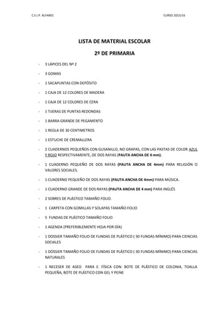 C.E.I.P. ALFARES CURSO 2015/16
LISTA DE MATERIAL ESCOLAR
2º DE PRIMARIA
- 3 LÁPICES DEL Nº 2
- 3 GOMAS
- 1 SACAPUNTAS CON DEPÓSITO
- 1 CAJA DE 12 COLORES DE MADERA
- 1 CAJA DE 12 COLORES DE CERA
- 1 TIJERAS DE PUNTAS REDONDAS
- 1 BARRA GRANDE DE PEGAMENTO
- 1 REGLA DE 30 CENTIMETROS
- 1 ESTUCHE DE CREMALLERA
- 2 CUADERNOS PEQUEÑOS CON GUSANILLO, NO GRAPAS, CON LAS PASTAS DE COLOR AZUL
Y ROJO RESPECTIVAMENTE, DE DOS RAYAS (PAUTA ANCHA DE 4 mm).
- 1 CUADERNO PEQUEÑO DE DOS RAYAS (PAUTA ANCHA DE 4mm) PARA RELIGIÓN O
VALORES SOCIALES.
- 1 CUADERNO PEQUEÑO DE DOS RAYAS (PAUTA ANCHA DE 4mm) PARA MÚSICA.
- 1 CUADERNO GRANDE DE DOS RAYAS (PAUTA ANCHA DE 4 mm) PARA INGLÉS
- 2 SOBRES DE PLÁSTICO TAMAÑO FOLIO.
- 1 CARPETA CON GOMILLAS Y SOLAPAS TAMAÑO FOLIO
- 5 FUNDAS DE PLÁSTICO TAMAÑO FOLIO
- 1 AGENDA (PREFERIBLEMENTE HOJA POR DÍA)
- 1 DOSSIER TAMAÑO FOLIO DE FUNDAS DE PLÁSTICO ( 30 FUNDAS MÍNIMO) PARA CIENCIAS
SOCIALES
- 1 DOSSIER TAMAÑO FOLIO DE FUNDAS DE PLÁSTICO ( 30 FUNDAS MÍNIMO) PARA CIENCIAS
NATURALES
- 1 NECESER DE ASEO PARA E. FÍSICA CON: BOTE DE PLÁSTICO DE COLONIA, TOALLA
PEQUEÑA, BOTE DE PLÁSTICO CON GEL Y PEINE
 