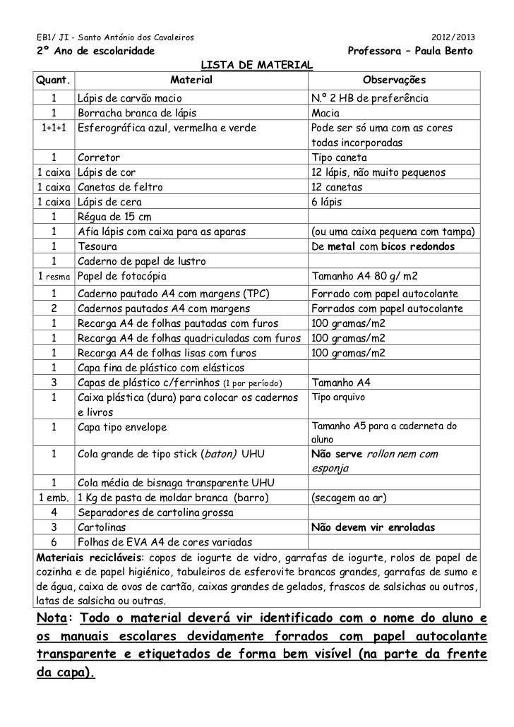 Lista de material para o 2º ano