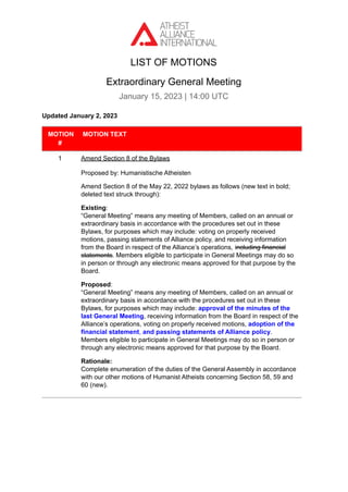 LIST OF MOTIONS
Extraordinary General Meeting
January 15, 2023 | 14:00 UTC
Updated January 2, 2023
MOTION
#
MOTION TEXT
1 Amend Section 8 of the Bylaws
Proposed by: Humanistische Atheisten
Amend Section 8 of the May 22, 2022 bylaws as follows (new text in bold;
deleted text struck through):
Existing:
“General Meeting” means any meeting of Members, called on an annual or
extraordinary basis in accordance with the procedures set out in these
Bylaws, for purposes which may include: voting on properly received
motions, passing statements of Alliance policy, and receiving information
from the Board in respect of the Alliance’s operations, including financial
statements. Members eligible to participate in General Meetings may do so
in person or through any electronic means approved for that purpose by the
Board.
Proposed:
“General Meeting” means any meeting of Members, called on an annual or
extraordinary basis in accordance with the procedures set out in these
Bylaws, for purposes which may include: approval of the minutes of the
last General Meeting, receiving information from the Board in respect of the
Alliance’s operations, voting on properly received motions, adoption of the
financial statement, and passing statements of Alliance policy.
Members eligible to participate in General Meetings may do so in person or
through any electronic means approved for that purpose by the Board.
Rationale:
Complete enumeration of the duties of the General Assembly in accordance
with our other motions of Humanist Atheists concerning Section 58, 59 and
60 (new).
 
