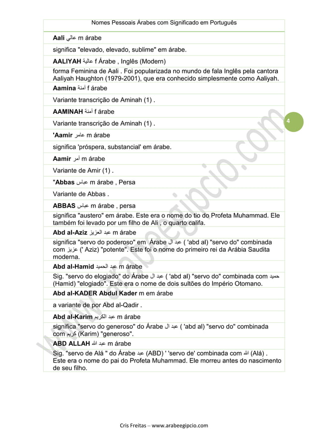 Nomes Arabes com significado em Portugues
