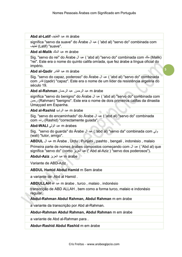 Nomes Arabes com significado em Portugues