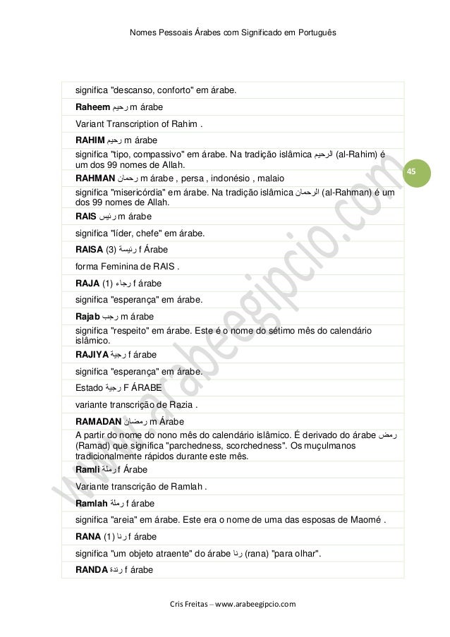 Nomes Arabes Com Significado Em Portugues