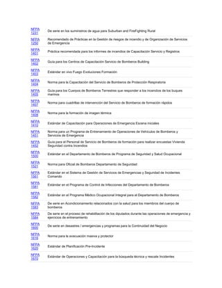 NFPA
1231
De serie en los suministros de agua para Suburban and FireFighting Rural
NFPA
1250
Recomendado de Prácticas en la Gestión de riesgos de incendio y de Organización de Servicios
de Emergencia
NFPA
1401
Práctica recomendada para los informes de incendios de Capacitación Servicio y Registros
NFPA
1402
Guía para los Centros de Capacitación Servicio de Bomberos Building
NFPA
1403
Estándar en vivo Fuego Evoluciones Formación
NFPA
1404
Norma para la Capacitación del Servicio de Bomberos de Protección Respiratoria
NFPA
1405
Guía para los Cuerpos de Bomberos Terrestres que responder a los incendios de los buques
marinos
NFPA
1407
Norma para cuadrillas de intervención del Servicio de Bomberos de formación rápidos
NFPA
1408
Norma para la formación de imagen térmica
NFPA
1410
Estándar de Capacitación para Operaciones de Emergencia Escena iniciales
NFPA
1451
Norma para un Programa de Entrenamiento de Operaciones de Vehículos de Bomberos y
Servicios de Emergencia
NFPA
1452
Guía para el Personal de Servicio de Bomberos de formación para realizar encuestas Vivienda
Seguridad contra Incendios
NFPA
1500
Estándar en el Departamento de Bomberos de Programa de Seguridad y Salud Ocupacional
NFPA
1521
Norma para Oficial de Bomberos Departamento de Seguridad
NFPA
1561
Estándar en el Sistema de Gestión de Servicios de Emergencias y Seguridad de Incidentes
Comando
NFPA
1581
Estándar en el Programa de Control de Infecciones del Departamento de Bomberos
NFPA
1582
Estándar en el Programa Médico Ocupacional Integral para el Departamento de Bomberos
NFPA
1583
De serie en Acondicionamiento relacionados con la salud para los miembros del cuerpo de
bomberos
NFPA
1584
De serie en el proceso de rehabilitación de los diputados durante las operaciones de emergencia y
ejercicios de entrenamiento
NFPA
1600
De serie en desastres / emergencias y programas para la Continuidad del Negocio
NFPA
1616
Norma para la evacuación masiva y protector
NFPA
1620
Estándar de Planificación Pre-Incidente
NFPA
1670
Estándar de Operaciones y Capacitación para la búsqueda técnica y rescate Incidentes
 