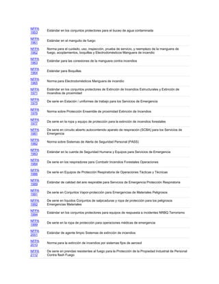 NFPA
1953
Estándar en los conjuntos protectores para el buceo de agua contaminada
NFPA
1961
Estándar en el manguito de fuego
NFPA
1962
Norma para el cuidado, uso, inspección, prueba de servicio, y reemplazo de la manguera de
fuego, acoplamientos, boquillas y Electrodomésticos Manguera de incendio
NFPA
1963
Estándar para las conexiones de la manguera contra incendios
NFPA
1964
Estándar para Boquillas
NFPA
1965
Norma para Electrodomésticos Manguera de incendio
NFPA
1971
Estándar en los conjuntos protectores de Extinción de Incendios Estructurales y Extinción de
Incendios de proximidad
NFPA
1975
De serie en Estación / uniformes de trabajo para los Servicios de Emergencia
NFPA
1976
Norma sobre Protección Ensemble de proximidad Extinción de Incendios
NFPA
1977
De serie en la ropa y equipo de protección para la extinción de incendios forestales
NFPA
1981
De serie en circuito abierto autocontenido aparato de respiración (SCBA) para los Servicios de
Emergencia
NFPA
1982
Norma sobre Sistemas de Alerta de Seguridad Personal (PASS)
NFPA
1983
Estándar en la cuerda de Seguridad Humana y Equipos para Servicios de Emergencia
NFPA
1984
De serie en los respiradores para Combatir Incendios Forestales Operaciones
NFPA
1986
De serie en Equipos de Protección Respiratoria de Operaciones Tácticas y Técnicas
NFPA
1989
Estándar de calidad del aire respirable para Servicios de Emergencia Protección Respiratoria
NFPA
1991
De serie en Conjuntos Vapor-protección para Emergencias de Materiales Peligrosos
NFPA
1992
De serie en líquidos Conjuntos de salpicaduras y ropa de protección para los peligrosos
Emergencias Materiales
NFPA
1994
Estándar en los conjuntos protectores para equipos de respuesta a incidentes NRBQ Terrorismo
NFPA
1999
De serie en la ropa de protección para operaciones médicas de emergencia
NFPA
2001
Estándar de agente limpio Sistemas de extinción de incendios
NFPA
2010
Norma para la extinción de incendios por sistemas fijos de aerosol
NFPA
2112
De serie en prendas resistentes al fuego para la Protección de la Propiedad Industrial de Personal
Contra flash Fuego
 