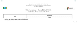 ESCOLA SECUNDÁRIA/3 DE BARCELINHOS (403787)
DEPARTAMENTO

DE LÍNGUA PORTUGUESA E FORMAÇÃO PESSOAL

ANO

LETIVO

2013/2014

Metas Curriculares – Ensino Básico 3.º Ciclo
Lista de Obras e Textos para Educação Literária

Autor

Designação
9º Ano

Escola Secundária / 3 de Barcelinhos
Página | 2

 
