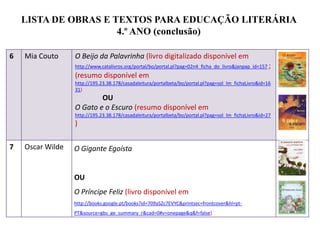 LISTA DE OBRAS E TEXTOS PARA EDUCAÇÃO LITERÁRIA
4.º ANO (conclusão)
6 Mia Couto O Beijo da Palavrinha (livro digitalizado disponível em
http://www.catalivros.org/portal/bo/portal.pl?pag=02n4_ficha_do_livro&janpap_id=157 ;
(resumo disponível em
http://195.23.38.178/casadaleitura/portalbeta/bo/portal.pl?pag=sol_lm_fichaLivro&id=16
31)
OU
O Gato e o Escuro (resumo disponível em
http://195.23.38.178/casadaleitura/portalbeta/bo/portal.pl?pag=sol_lm_fichaLivro&id=27
)
7 Oscar Wilde O Gigante Egoísta
OU
O Príncipe Feliz (livro disponível em
http://books.google.pt/books?id=709aSZc7EVYC&printsec=frontcover&hl=pt-
PT&source=gbs_ge_summary_r&cad=0#v=onepage&q&f=false)
 