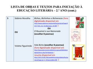 LISTA DE OBRAS E TEXTOS PARA INICIAÇÃO À
EDUCAÇÃO LITERÁRIA – 2.º ANO (cont.)
5 Sidónio Muralha
OU
Violeta Figueiredo
Bichos, Bichinhos e Bicharocos (livro
digitalizado disponível em
http://www.catalivros.org/portal/bo/portal.pl?pag=0
2n4_ficha_do_livro&janpap_id=188 )
OU
O Rouxinol e sua Namorada
(escolher 8 poemas)
Fala Bicho (escolher 8 poemas)
(livro digitalizado disponível em
http://www.planonacionaldeleitura.gov.pt/biblioteca
digital/elivro.php?id=falabicho ;
resumo disponível em
http://195.23.38.178/casadaleitura/portalbeta/bo/po
rtal.pl?pag=sol_li_fichaLivro&id=290 )
 