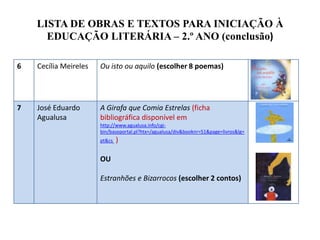 LISTA DE OBRAS E TEXTOS PARA INICIAÇÃO À
EDUCAÇÃO LITERÁRIA – 2.º ANO (conclusão)
6 Cecília Meireles Ou isto ou aquilo (escolher 8 poemas)
7 José Eduardo
Agualusa
A Girafa que Comia Estrelas (ficha
bibliográfica disponível em
http://www.agualusa.info/cgi-
bin/baseportal.pl?htx=/agualusa/div&booknr=51&page=livros&lg=
pt&cs )
OU
Estranhões e Bizarrocos (escolher 2 contos)
 