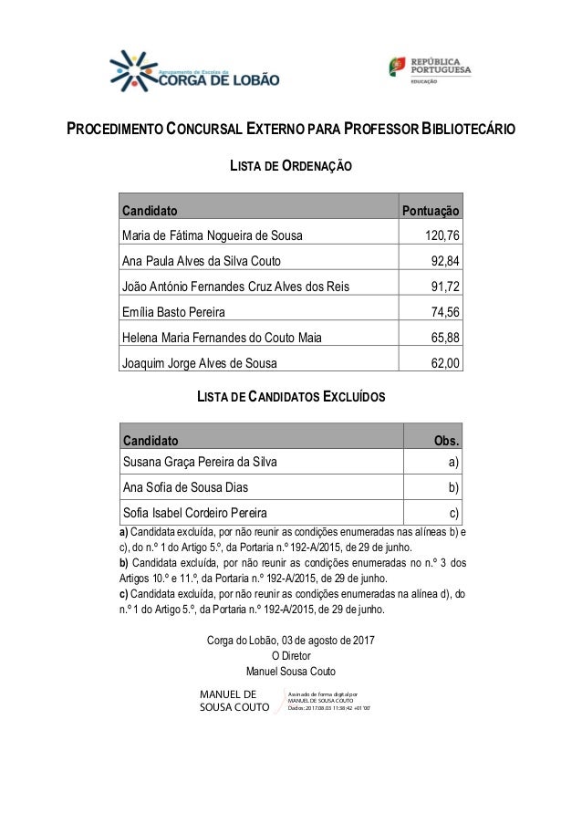 PROCEDIMENTO CONCURSAL EXTERNO PARA PROFESSOR BIBLIOTECÁRIO
LISTA DE ORDENAÇÃO
Candidato Pontuação
Maria de Fátima Nogueir...