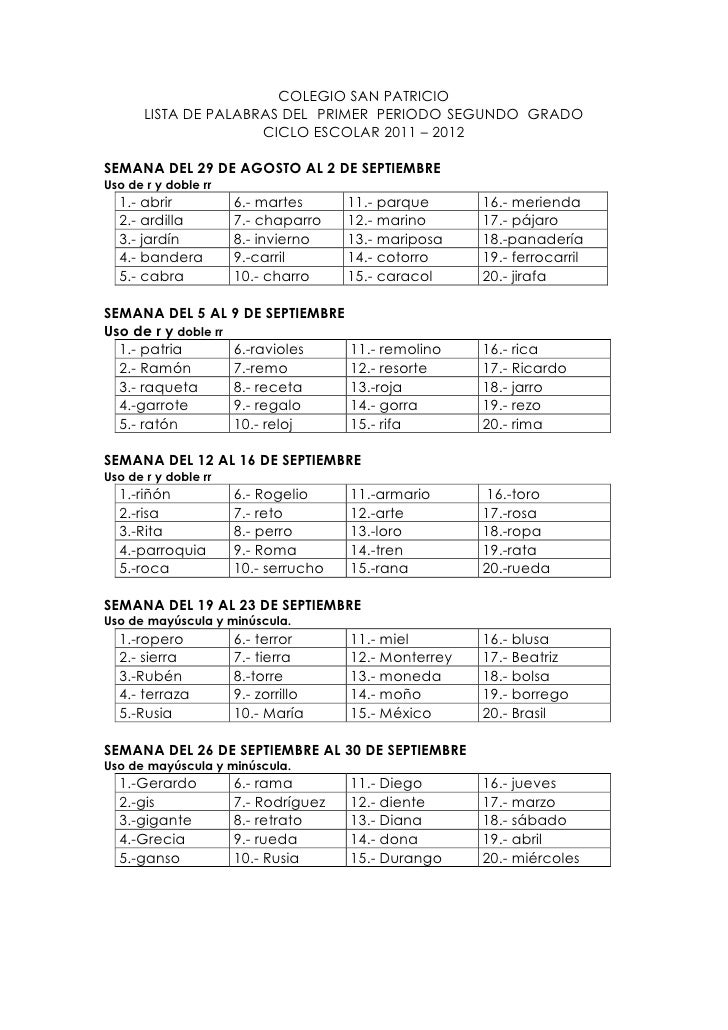 Lista De Palabras Primer Periodo Lista De Palabras Primer Periodo