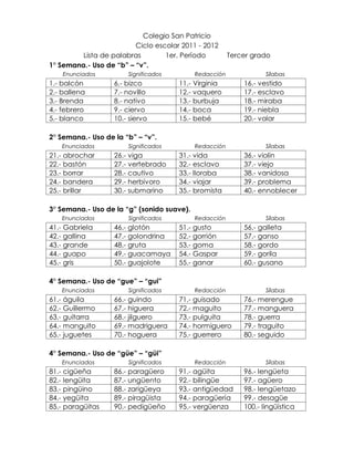 Lista de palabras tercer grado primer periodo