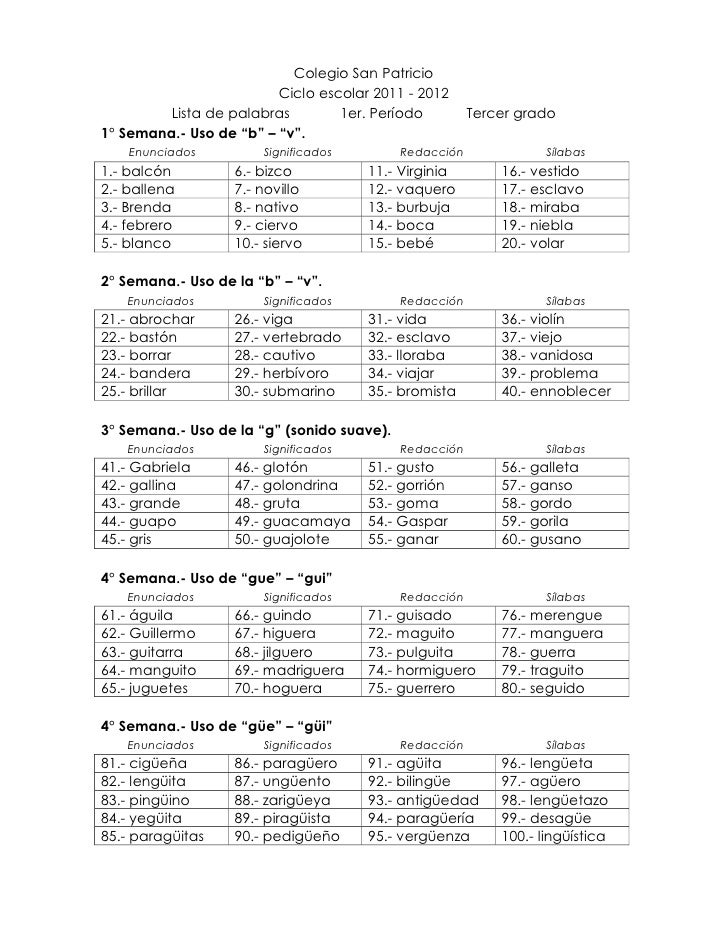 Lista de palabras tercer grado primer periodo Lista de palabras tercer grado primer periodo