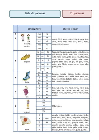 Com as palavras Já posso escrever
1
2
menina
menino
ma na
nome, Nini, Nuno, mano, mana, ama, ano,
anão, meu, mau, mói, Ana...