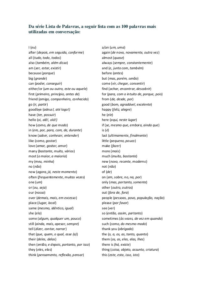 lista de palavras em inglês 100 palavras mais utilizadas em convers