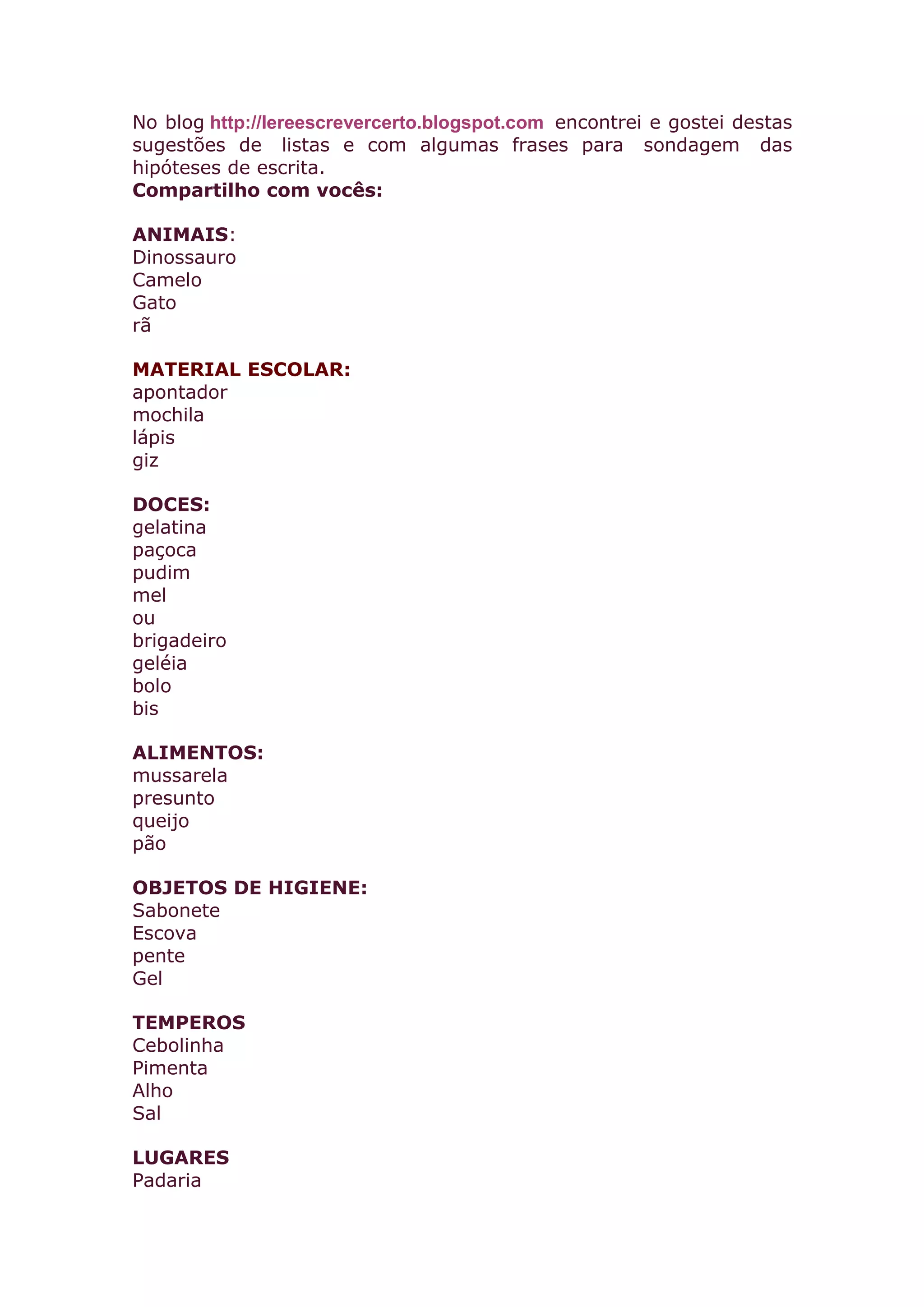 Lista de palavras para sondagem | DOC
