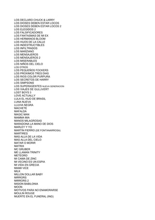 LOS DECLARO CHUCK & LARRY
LOS DIOSES DEBEN ESTAR LOCOS
LOS DIOSES DEBEN ESTAR LOCOS 2
LOS ELEGIDOS 2
LOS FALSIFICADORES
LOS FANTASMAS DE MI EX
LOS HERMANOS BLOOM
LOS HIJOS DE LA CALLE
LOS INDESTRUCTIBLES
LOS INFILTRADOS
LOS MARZIANO
LOS MENSAJEROS
LOS MENSAJEROS 2
LOS MISERABLES
LOS NIÑOS DEL CIELO
LOS OTROS
LOS PEQUEÑOS FOCKERS
LOS PROXIMOS TRES DIAS
LOS RIOS COLOR PURPURA
LOS SECRETOS DE HARRY
LOS SIMPSONS
LOS SUPERAGENTES NUEVA GENERACION
LOS VIAJES DE GULLIVERT
LOST BOYS 3
LOVE ACTUALLY
LULA EL HIJO DE BRASIL
LUNA NUEVA
LLUVIA NEGRA
MACHETE
MAFALDA
MAGIC MAN
MAMMA MIA
MANOS MILAGROSAS
MARADONA LA MANO DE DIOS
MARLEY Y YO
MARTIN FIERRO (DE FONTANARROSA)
MARTIRES
MAS ALLA DE LA VIDA
MAS ALLA DEL CIELO
MATAR O MORIR
MATRIX
MC GRUBER
ME LLAMAN TRINITY
METEORO
MI CAMA DE ZINC
MI VECINO ES UN ESPIA
MI VIDA EN GRECIA
MIAMI VICE
MILK
MILLON DOLLAR BABY
MIRRORS
MIRRORS 2
MISION BABILONIA
MOON
MOTIVOS PARA NO ENAMORARSE
MOULIN ROUGE
MUERTE EN EL FUNERAL (ING)
 