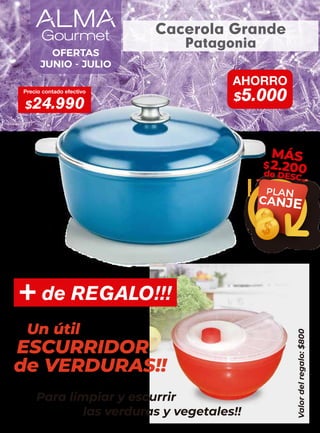 OFERTAS
JUNIO - JULIO
AHORRO
$5.000
Precio contado efectivo
$24.990
PLAN
CANJE
MÁS
$2.200
de DESC.
Cacerola Grande
Patagonia
Valor
del
regalo:
$800
+ de REGALO!!!
ESCURRIDOR
Un útil
de VERDURAS!!
Para limpiar y escurrir
las verduras y vegetales!!
 