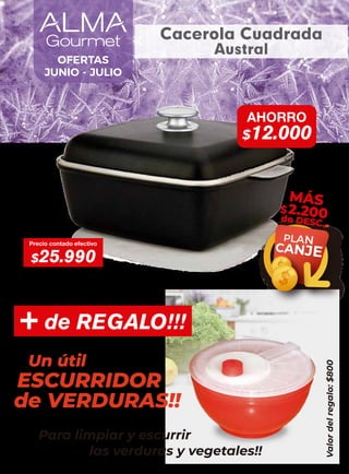 Precio contado efectivo
$25.990
AHORRO
$12.000
PLAN
CANJE
MÁS
$2.200
de DESC.
OFERTAS
JUNIO - JULIO
Cacerola Cuadrada
Austral
Valor
del
regalo:
$800
+ de REGALO!!!
ESCURRIDOR
Un útil
de VERDURAS!!
Para limpiar y escurrir
las verduras y vegetales!!
 