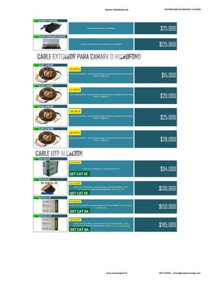 GRUPO TECNOMEGA SAS DISTRIBUIDOR AUTORIZADO HIKVISION
123 TRANS12V 3,5AMPERIOS
TRANSFORMADOR 12V 3,5 AMPERIOS
$25.000
124 FUENTE CENTRALIZADA 18 PUERTOS
FUENTE CENTRALIZADA 18 CANALES 12V 20 AMPERIOS
$125.000
125 CABLE 10 METROS
CABLE EXTENSOR BNC + DC DIAMETRO 4.0MM LONGITUD 10 METROS TODO EN UNO
VIDEO Y CORRIENTE $15.000
126 CABLE 15 METROS
CABLE EXTENSOR BNC + DC DIAMETRO 4.0MM LONGITUD 15 METROS TODO EN UNO
VIDEO Y CORRIENTE $20.000
127 CABLE 20 METROS
CABLE EXTENSOR BNC + DC DIAMETRO 4.0MM LONGITUD 20 METROS TODO EN UNO
VIDEO Y CORRIENTE $25.000
128 CABLE 30 METROS
CABLE EXTENSOR BNC + DC DIAMETRO 4.0MM LONGITUD 30 METROS TODO EN UNO
VIDEO Y CORRIENTE $28.000
129 UTP CAT5 GET
CABLE UTP CATEGORIA 5e CAJA 305m MARCA GET
$94.000
130 UTP CAT5 GET
CABLE UTP CATEGORIA 5e CAJA 305M MARCA GET USO EXTERIOR DOBLE
ENCAUCHETADO RESISTENTE INTEMPERIE COBRE/ALEACION $130.000
131 UTP CAT 6 GET
CABLE UTP CATEGORIA 6 CAJA 305M MARCA GET USO INTERIOR COBRE/ALEACION
CERTIFICADO $150.000
132 UTP CAT 6 GET
CABLE UTP CATEGORIA 6 CAJA 305M MARCA GET USO EXTERIOR DOBLE
ENCAUCHETADO RESISTENTE INTEMPERIE COBRE/ALEACION CERTIFICADO $195.000
www.tecnomegacol.tk PBX 5370201 ventas@grupotecnomega.com
 