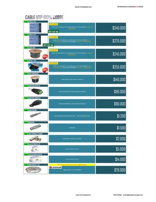 GRUPO TECNOMEGA SAS DISTRIBUIDOR AUTORIZADO HIKVISION
133 UTPCAT 6 GET
CABLE UTP CATEGORIA 6 CAJA 305M MARCA GET USO INTERIOR COBRE 100%
CERTIFICADO $340.000
134 UTPCAT 6 GET
CABLE UTP CATEGORIA 6 CAJA 305M MARCA GET USO EXTERIOR DOBLE
ENCAUCHETADO RESISTENTE INTEMPERIE COBRE 100 % CERTIFICADO $370.000
135 UTPCAT 5GET
CABLE UTP CATEGORIA 5 CAJA 305M MARCA GET USO INTERIOR COBRE 100%
CERTIFICADO $245.000
136 UTPCAT 5 GET
CABLE UTP CATEGORIA 5 CAJA 305M MARCA GET USO EXTERIOR DOBLE
ENCAUCHETADO RESISTENTE INTEMPERIE COBRE 100 % CERTIFICADO $255.000
137 CABLE MINICOAXIAL
CABLE MINICOAXIAL MARCA SAXO 95%
$140.000
138 CONECTOR MACHO DC
CONECTOR MACHO DC BOLSA POR 100 UNIDADES
$90.000
139 CONECTOR HEMBRA DC
CONECTOR HEMBRA DC BOLSA POR 100 UNIDADES
$90.000
140 CONECTOR BNC
BNC RESORTADO POR UNIDAD $ 1,2000 - POR 100 UNIDADES $ 900
$1.200
141 UNION BNC
UNION BNC
$1.500
142 BNC 1 ENTRADA 2 SALIDAS
UNION BNC 1 ENTRADA 2 SALIDAS
$2.000
143 CAJA DE PASO 10 X 10
CAJA DE PASO 10 X 10 X 8
$5.000
144 CAJA DE PASO 15 X 10 X 8
CAJA DE PASO 10 X 15 X 8
$14.000
145 CABLE DUPLEX 2 X 18 NUEVO CABLE CENTELSA 2*18 100 % COBRE ORIGINAL
CABLE DUPLEX 2 X 18, 100 METROS
$78.000
www.tecnomegacol.tk PBX 5370201 ventas@grupotecnomega.com
 