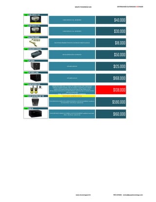 GRUPO TECNOMEGA SAS DISTRIBUIDOR AUTORIZADO HIKVISION
146 CABLE DUPLEX 2 X 16
CABLE DUPLEX 2 X 16, 100 METROS
$40.000
147 CABLE DUPLEX 2 X 18
CABLE DUPLEX 2 X 18, 100 METROS
$30.000
148 MULTITOMA PREMIER
MULTITOMA PREMIER 8 PUESTOS CON PROTECTORES PLASTICOS
$18.000
149 REGULADOR 8 ENTRADAS
REGULADOR ECOTEC 8 ENTRADAS
$50.000
150 UPS 650VA
UPS 650VA DELUXE
$125.000
151 UPS 1000VA JAVAN
UPS 1000VA JAVAN
$168.000
152 RADIO MOTOROLA PAR
MH230R FRS/GMRS radios, 22 Canales, 121 códigos privados, 2662 Combinaciones
2 Baterías recargables incluidas y Base de escritorio, 2 Cargadores para el cinturón
También avisa cuando la batería tiene un nivel bajo de carga, Display con luz
QT que elimina interferencia de los radios Motorola y puede hacer que se conecten con otros
radios de la misma marca
Rango , En óptimas condiciones 23 millas o 37 Kilómetros
$138.000
153 RACK 1.50 METROS X 60 * 60 NUEVO RACK 1.50 METROS X 60 X 60
RACK METALICO, MARCO EN LAMINA PUNZADA, LLAVE DE SEGURIDAD medidas de
rack fondo 60cms + alto 150 cms + ancho 60 cms $590.000
154 RACK 5U
RACK METALICO, MARCO EN VIDRIO, LLAVE DE SEGURIDAD medidas de rack fondo
48cms + alto 28 cms + ancho 52 cms $160.000
www.tecnomegacol.tk PBX 5370201 ventas@grupotecnomega.com
 