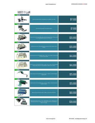 GRUPO TECNOMEGA SAS DISTRIBUIDOR AUTORIZADO HIKVISION
228 W4301VP
VIDEO BALUM RECEPTOR Y TRANSMISOR CON CORRIENTE, MAX 300M
$17.000
229 W4103SR
VIDEO BALUM RECEPTOR Y TRANSMISOR 300MTS
$7.000
230 VBAR24
VIDEO BALUM ACTIVO RECEPTOR, 1500 m CON TRANSMISOR PASIVO (VBP300) ó 2400
m CON TRANSMISOR DE VIDEO ACTIVO (VBAT24) $35.000
231 VBAT24
VIDEO BALUM ACTIVO TRANSMISOR 2400 m CON RECEPTOR DE VIDEO ACTIVO
(VBAR24) $35.000
232 VBAT
VIDEO BALUM ACTIVO TRANSMISOR (VIDEO - AUDIO - DATA) 2400 m CON RECEPTOR
DE VIDEO ACTIVO (VBAR) $45.000
233 VBAR
VIDEO BALUM ACTIVO RECEPTOR (VIDEO - AUDIO - DATA), 1500 m CON TRANSMISOR
PASIVO (4103E) ó 2400 m CON TRANSMISOR DE VIDEO ACTIVO (VBAT) $45.000
234 VPHM1
PROTECTOR DE VOLTAJE SOBRE VIDEO CON POLO A TIERRA, CONEXIÓN HEMBRA -
MACHO (DVR) $25.000
235 VPMM1
PROTECTOR DE VOLTAJE SOBRE VIDEO CON POLO A TIERRA, CONEXIÓN MACHO -
MACHO (CAMARA) $25.000
236 VPAVD
PROTECTOR DE VOLTAJE EN VIDEO - POWER - DATOS PARA DOMOS PTZ
$65.000
237 VBP4CH
VIDEO BALUM PASIVO PARA 4 CANALES, TRANSMISION A 330 m COMBINADO CON
VIDEO BALUM PASIVO Y A 1500 m CON VIDEO BALUM ACTIVO, CON SUPRESION
PICOS DE VOLTAJE $30.000
www.tecnomegacol.tk PBX 5370201 ventas@grupotecnomega.com
 