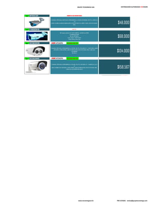 GRUPO TECNOMEGA SAS DISTRIBUIDOR AUTORIZADO HIKVISION
18 BM70F36L23CM REMATE DE INVENTARIO
CAMARA TIPO BALA METALICA INFRARROJA A COLOR EXTERIOR, 700 TVL, CMOS 1/3
", 23
LEDS, 3.6 MM, 10-20M ILUMINACION, FUNCION IR-CUT, GRIS Y AZUL, INCLUYE BASE,
IP66.
$48.000
19 VT-IR60313CW/BU 800 TVL
IR Camara exterior 1/3" CCTV, 800TVL, with IR Cut, WDR
VT-IR60313CW/BU
IR Led: Φ5X36Pcs
Lens: 3.6mm / with bracket
Color: blanco, linea azul
$68.000
20 DS2CE16C2NIT336
CAMARA TIPO BALA INFRARROJA A COLOR, 720 TVL, PICADIS 1/3 ", 1 LED EXIR, 3.6MM
,SENSOR 1.3 MEGAPIXEL, 40M ILUMINACION, INCLUYE BASE, IP66. CARCAZA
ALUMINIO
BLANCA
$134.000
21 DS2CE15C2NVFIR3
CAMARA TIPO BALA INFRARROJA A COLOR, 720 TVL, PICADIS 1/3 ", VARIFOCAL 2.8 A
12
MM, 36 HQIR LED ,SENSOR 1.3 MEGAPIXEL, 40M ILUMINACION, INCLUYE BASE, IP66.
CARCAZA ALUMINIO BLANCA
$158.567
www.tecnomegacol.tk PBX 5370201 ventas@grupotecnomega.com
 