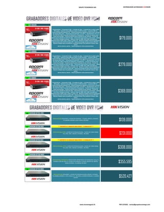 GRUPO TECNOMEGA SAS DISTRIBUIDOR AUTORIZADO HIKVISION
45 EV-1004HDX
Características: · Compresión H.264. · 4 canales de video. · 4 entrada line in audio/1 salida
RCA audio. · Soporta mouse USB para operar la DVR (incluido). · 2 puertos USB 2.0.
· Puerto RS-485 para sistemas PTZ. · Soporta búsqueda de agenda en forma local o remota.
· No incluye disco duro. · Temperatura de operación: -10 a 55 ºC. · Aprobaciones: FCC, UL,
CE, CB, CCC, SGS. Funciones de Grabación y Visualización: · Función de máscara para
áreas de privacidad. · Función de alarma para el bloqueo de las cámaras. · Función de
alarma para la pérdida de señal del video. · Dual stream (main stream y sub stream). · Salida
de monitor analógico principal. · Salida de video en HDMI, VGA y BNC (simultáneos). ·
Soporta avance rápido, lento, cuadro a cuadro, etc. · Muestra el estado local de la grabación.
· Soporta disco duro S-ATA de hasta 4TB. · Soporta tecnología de discos duros S.M.A.R.T. ·
Soporta múltiples tipos de grabación, incluyendo tiempo real, grabación manual, video
sensor,
alarma externa y alarma. · Soporta grabación cíclica (sobreescritura).
$179.000
46 EV-1008HDX
Características: · Compresión H.264. · 8 canales de video. · 4 entrada line in audio/1 salida
RCA audio. · Soporta mouse USB para operar la DVR (incluido). · 2 puertos USB 2.0.
· Puerto RS-485 para sistemas PTZ. · Soporta búsqueda de agenda en forma local o remota.
· No incluye disco duro. · Temperatura de operación: -10 a 55 ºC. · Aprobaciones: FCC, UL,
CE, CB, CCC, SGS. Funciones de Grabación y Visualización: · Función de máscara para
áreas de privacidad. · Función de alarma para el bloqueo de las cámaras. · Función de
alarma para la pérdida de señal del video. · Dual stream (main stream y sub stream). · Salida
de monitor analógico principal. · Salida de video en HDMI, VGA y BNC (simultáneos). ·
Soporta avance rápido, lento, cuadro a cuadro, etc. · Muestra el estado local de la grabación.
· Soporta disco duro S-ATA de hasta 4TB. · Soporta tecnología de discos duros S.M.A.R.T. ·
Soporta múltiples tipos de grabación, incluyendo tiempo real, grabación manual, video
sensor,
alarma externa y alarma. · Soporta grabación cíclica (sobreescritura).
$279.000
47 EV-1016HDX
Características: · Compresión H.264. · 16 canales de video. · 4 entrada line in audio/1 salida
RCA audio. · Soporta mouse USB para operar la DVR (incluido). · 2 puertos USB 2.0.
· Puerto RS-485 para sistemas PTZ. · Soporta búsqueda de agenda en forma local o remota.
· No incluye disco duro. · Temperatura de operación: -10 a 55 ºC. · Aprobaciones: FCC, UL,
CE, CB, CCC, SGS. Funciones de Grabación y Visualización: · Función de máscara para
áreas de privacidad. · Función de alarma para el bloqueo de las cámaras. · Función de
alarma para la pérdida de señal del video. · Dual stream (main stream y sub stream). · Salida
de monitor analógico principal. · Salida de video en HDMI, VGA y BNC (simultáneos). ·
Soporta avance rápido, lento, cuadro a cuadro, etc. · Muestra el estado local de la grabación.
· Soporta disco duro S-ATA de hasta 4TB. · Soporta tecnología de discos duros S.M.A.R.T. ·
Soporta múltiples tipos de grabación, incluyendo tiempo real, grabación manual, video
sensor,
alarma externa y alarma. · Soporta grabación cíclica (sobreescritura).
$369.000
66 HIKVISION DS7204 HVISV
DVR 4CH H.264, WD1@15FPS, 4 AUDIO DE ENTRADA - 1 SALIDA, MOUSE, CONTROL,
VGA/HDMI, SOPORTA 1DD 4 TERAS, SIN HDD $139.000
67 HIKVISION DS7208 HVISV *** SOPORTA 8 CANALES ANALOGOS - 2 CANALES IP ***
DVR 8 CH H.264, 15 FPS, 4 AUDIO DE ENTRADA/SALIDA, SALIDA DE VIDEO HDMI,
VGA. BNC, WD1, MOUSE, CONTROL, SIN HDD $231.000
68 HIKVISION DS7216 HVISV *** SOPORTA 16 CANALES ANALOGOS + 2 CANALES IP ***
DVR 16 CH H.264, 15 FPS 4 AUDIO DE ENTRADA/SALIDA, SALIDA DE VIDEO HDMI,
VGA. BNC, WD1, MOUSE, CONTROL, SIN HDD $308.000
69 HIKVISION DS7208 HWISH
DVR 8CH H.264, WD1(960*576) RESOLUCION TIEMPO REAL EN GRABACION, 30 fps /N,
SOPORTA 2DD DE 4TB C/U 4 AUDIO DE ENTRADA/ 2 SALIDA, 480 FPS CIF, MOUSE,
RS485,CONTROL, VGA/HDMI, SIN HDD $355.595
70 HIKVISION DS7216 HWISH
DVR 16CH H.264, WD1@30FPS, 1 AUDIO DE ENTRADA/SALIDA, MOUSE, CONTROL,
VGA/HDMI, SOPORTA 2 DD 4 TERAS C/U , SIN HDD, 4 AUDIOS ENTRADA / 2 AUDIOS
SALIDA $520.427
www.tecnomegacol.tk PBX 5370201 ventas@grupotecnomega.com
 