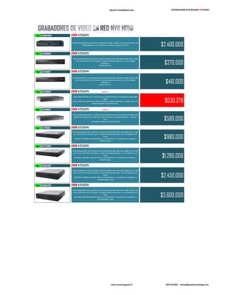 GRUPO TECNOMEGA SAS DISTRIBUIDOR AUTORIZADO HIKVISION
76 DS9604NISH
NVR GRABADOR IP 4CH, H.264 4 CIF, HDMI/VGA/BNC, AUDIO 2 VÍAS, HASTA 8 DD 2 TB,
10/100/1000 Mbps, PTZ, 2 USB 2.0, 4 ALARMA, 1RELAY, RACK 19" $2.400.000
77 DS7608NIE2
NVR GRABADOR IP 8CH, RESOLUCION DE GRABACION: 5MP /3MP /1080P /UXGA /720P
/VGA /4CIF /DCIF /2CIF /CIF /QCIF, 1 AUDIO ENTRADA/SALIDA, VGA Y/O HDMI,
SOPORTA 2
DD DE 4TB C/U.
$370.000
78 DS7616NIE2
NVR GRABADOR IP 16CH, RESOLUCION DE GRABACION: 5MP /3MP /1080P /UXGA /720P
/VGA /4CIF /DCIF /2CIF /CIF /QCIF, 1 AUDIO ENTRADA/SALIDA, VGA Y/O HDMI,
SOPORTA 2
DD DE 4TB C/U.
$410.000
79 DS7608HIST HIBRIDO
NVR GRABADOR IP 8CH - ANALOGO 8CH, RESOLUCION DE GRABACION: 5MP /3MP
/1080P
/UXGA /720P /VGA /4CIF /DCIF /2CIF /CIF /QCIF, 4 AUDIO ENTRADA, 1 SALIDA, VGA Y/O
HDMI, SOPORTA 2 DD DE 4TB C/U.
$630.378
80 DS7616NISE HIBRIDO
NVR GRABADOR IP 16CH - ANALOGO 16CH, RESOLUCION DE GRABACION: 5MP /3MP
/1080P /UXGA /720P /VGA /4CIF /DCIF /2CIF /CIF /QCIF, 4 AUDIO ENTRADA, 1 SALIDA,
VGA
Y/O HDMI, SOPORTA 2 DD DE 4TB C/U
$580.000
81 DS7716NIE4
NVR GRABADOR IP 16CH, RESOLUCION DE GRABACION: 5MP /3MP /1080P /UXGA /720P
/VGA /4CIF /DCIF /2CIF /CIF /QCIF, 1 AUDIO ENTRADA/SALIDA, VGA Y/O HDMI, SLOT
PARA
1DVD/RW, SOPORTA 4DD DE 4TB C/U, 16 ENTRADAS Y 2 SALIDAS DE ALARMAS, 2
PUERTOS RJ45.
$980.000
82 DS7732NIE4
NVR GRABADOR IP 32CH, RESOLUCION DE GRABACION: 5MP /3MP /1080P /UXGA /720P
/VGA /4CIF /DCIF /2CIF /CIF /QCIF, 1 AUDIO ENTRADA/SALIDA, VGA Y/O HDMI, SLOT
PARA
1DVD/RW, SOPORTA 4DD DE 4TB C/U, 16 ENTRADAS Y 2 SALIDAS DE ALARMAS, 2
PUERTOS RJ45.
$1.280.000
83 DS9632NIST
NVR GRABADOR IP 32CH, RESOLUCION DE GRABACION: 5MP /3MP /1080P /UXGA /720P
/VGA /4CIF /DCIF /2CIF /CIF /QCIF, 2 AUDIO ENTRADA/SALIDA, VGA Y/O HDMI, SLOT
PARA
1DVD/RW, SOPORTA 8DD DE 4TB C/U, 16 ENTRADAS Y 2 SALIDAS DE ALARMAS, 2
PUERTOS RJ45, 3 USB
$2.450.000
84 DS9664NIST
NVR GRABADOR IP 64CH, RESOLUCION DE GRABACION: 5MP /3MP /1080P /UXGA /720P
/VGA /4CIF /DCIF /2CIF /CIF /QCIF, 2 AUDIO ENTRADA/SALIDA, VGA Y/O HDMI, SLOT
PARA
1DVD/RW, SOPORTA 8DD DE 4TB C/U, 16 ENTRADAS Y 2 SALIDAS DE ALARMAS, 2
PUERTOS RJ45, 3 USB
$3.600.000
www.tecnomegacol.tk PBX 5370201 ventas@grupotecnomega.com
 