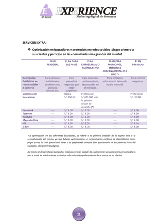 SERVICIOS EXTRA:

     Optimización en buscadores y promoción en redes sociales ¡Llegue primero a
        sus clientes y participe en las comunidades más grandes del mundo!

                         PLAN            PLAN PARA           PLAN                  PLAN PARA                 PLAN
                       PERSONAL           LAS PYME       EMPRESARIAL O             MUNICIPIOS,             PREMIUM
                                                          CORPORATIVO              ENTIDADES
                                                                              GUBERNAMENTALES Y
                                                                                     ONG ’ s
Descripción          Para personas           Para          Para empresas          Para entidades          Para clientes
Publicidad en         individuales,       pequeños        con trayectoria,    enfocadas al desarrollo      exigentes.
redes sociales y     profesionales,     negocios que      reconocidas en         local y nacional.
e comerse               políticos,           están          el mercado.
                      artistas, etc.     surgiendo.
Optimización               ----         Básica           Profesional                    -----             Profesional
buscadores                              S/. 100.00       S/.400.000 solo                                  S/.150.00
                                                         la primera
                                                         sesión de
                                                         creación (*)
Facebook                   ----         S/. 8.00         S/. 8.00                        ----             S/. 8.00
Tweeter                    ----         S/. 8.00         S/. 8.00                        ----             S/. 8.00
Youtube                    ----         S/. 8.00         S/. 8.00                        ----             S/. 8.00
Mercado libre              ----         S/. 8.00         S/. 8.00                        ----             S/. 8.00
Hi5                        ----         S/. 8.00         S/. 8.00                        ----             S/. 8.00
E Bay                      ----         S/. 8.00         S/. 8.00                        ----             S/. 8.00


    *La optimización en los diferentes buscadores, se refiere a la primera creación de la página web o la
    restructuración del mismo, ya que futuras optimizaciones o mejoramiento continuo se desarrollaran como
    pagos extras, lo cual garantizará tener a tu página web siempre bien posicionada en las primeras listas del
    buscador, o las primeras páginas.

    Así mismo se desarrollaran campañas masivas en redes sociales la cuales tienen un costo extra por campaña o
    mes a través de publicaciones o eventos enfocados al empoderamiento de la marca en los clientes.




                                                    11
 