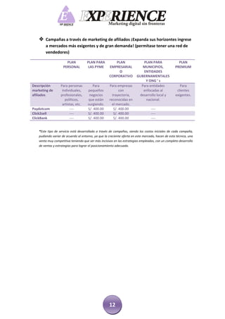  Campañas a través de marketing de afiliados ¡Expanda sus horizontes ingrese
       a mercados más exigentes y de gran demanda! (permítase tener una red de
       vendedores)

                      PLAN           PLAN PARA         PLAN                PLAN PARA                 PLAN
                    PERSONAL          LAS PYME      EMPRESARIAL            MUNICIPIOS,             PREMIUM
                                                         O                 ENTIDADES
                                                    CORPORATIVO         GUBERNAMENTALES
                                                                            Y ONG ’ s
Descripción       Para personas         Para        Para empresas         Para entidades              Para
marketing de       individuales,     pequeños              con             enfocadas al             clientes
afiliados         profesionales,      negocios        trayectoria,       desarrollo local y        exigentes.
                     políticos,      que están      reconocidas en           nacional.
                   artistas, etc.    surgiendo.       el mercado.
Paydotcom               ----         S/. 400.00        S/. 400.00                 ----
Click2sell              ----         S/. 400.00        S/. 400.00                 ----
ClickBank               ----         S/. 400.00        S/. 400.00                 ----


   *Este tipo de servicio está desarrollado a través de campañas, siendo los costos iníciales de cada campaña,
   pudiendo variar de acuerdo al entorno, ya que la creciente oferta en este mercado, hacen de esta técnica, una
   venta muy competitiva teniendo que ser más incisivos en las estrategias empleadas, con un completo desarrollo
   de ventas y estrategias para lograr el posicionamiento adecuado.




                                                    12
 