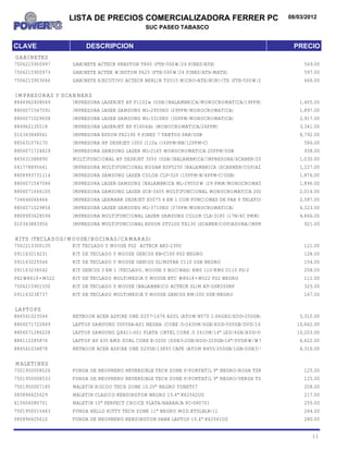 LISTA DE PRECIOS COMERCIALIZADORA FERRER PC                                    08/03/2012
                                           SUC PASEO TABASCO


CLAVE                DESCRIPCION                                                                PRECIO
GABINETES
7506215900997   GABINETE ACTECK PRESTON T840 (FTE-500W/24 PINES/ATX)                                569.00
7506215900973   GABINETE ACTEK WINSTON P625 (FTE-500W/24 PINES/ATX-MATX)                            597.00
7506215903066   GABINETE EJECUTIVO ACTECK BERLIN TD515 MICRO-ATX/MINI-ITX (FTE-500W/24PINES)        666.00

IMPRESORAS Y SCANNERS
8844962408049   IMPRESORA LASERJET HP P1102w (USB/INALAMBRICA/MONOCROMATICA/19PPM)                 1,405.00
8806071547091   IMPRESORA LASER SAMSUNG ML-2955ND (29PPM/MONOCROMATICA)                            1,897.00
8806071029658   IMPRESORA LASER SAMSUNG ML-3310ND (30PPM/MONOCROMATICA)                            2,917.00
884962135518    IMPRESORA LASERJET HP P1606dn (MONOCROMATICA/26PPM)                                3,341.00
010343848061    IMPRESORA EPSON FX2190 9 PINES 7 TANTOS PAR/USB                                    8,792.00
885631076170    IMPRESORA HP DESKJET 1000 J110a (16PPM-NB/12PPM-C)                                  586.00
8806071724829   IMPRESORA SAMSUNG LASER ML-2165 MONOCROMATICA 20PPM/USB                             938.00
885631088890    MULTIFUNCIONAL HP DESKJET 3050 (USB/INALAMBRICA/IMPRESORA/SCANER/20PPM-BN/16PPM-C)
                                                                                                 1,030.00
041778895641    IMPRESORA MULTIFUNCIONAL KODAK ESP5250 INALAMBRICA (SCANNER/COPIADORA/30PPM-N/29PPM-C)
                                                                                               1,227.00
8808993731114   IMPRESORA SAMSUNG LASER COLOR CLP-320 (15PPM-N/4PPM-C/USB)                         1,876.00
8806071547084   IMPRESORA LASER SAMSUNG INALAMBRICA ML-2955DW (29 PMM/MONOCROMATICA)               1,896.00
8806071666105   IMPRESORA SAMSUNG LASER SCX-3405 MULTIFUNCIONAL MONOCROMATICA 20PPM/USB            2,014.00
734646066464    IMPRESORA LEXMARK DESKJET X5075 4 EN 1 CON FUNCIONES DE FAX Y TELEFONO             2,587.00
8806071029856   IMPRESORA LASER SAMSUNG ML-3710ND (37PPM/MONOCROMATICA)                            4,323.00
8808993628599   IMPRESORA MULTIFUNCIONAL LASER SAMSUNG COLOR CLX-3185 (17N/4C PMM)                 4,866.00
010343883956    IMPRESORA MULTIFUNCIONAL EPSON STYLUS TX130 (SCANER/COPIADORA/IMPRESORA)            921.00

KITS (TECLADOS/MOUSE/BOCINAS/CAMARAS)
7502213300135   KIT TECLADO Y MOUSE PS2 ACTECK AK2-2300                                             121.00
091163219231    KIT DE TECLADO Y MOUSE GENIUS KB-C100 PS2 NEGRO                                     128.00
091163225546    KIT DE TECLADO Y MOUSE GENIUS SLIMSTAR C110 USB NEGRO                               154.00
091163236542    KIT GENIUS 3 EN 1 (TECLADO, MOUSE Y BOCINAS) KMS 110/KMS U110 PS/2                  258.00
PS2WK618+M522   KIT DE TECLADO MULTIMEDIA Y MOUSE BTC WK618+M522 PS2 NEGRO                          111.00
7506215901550   KIT DE TECLADO Y MOUSE INALAMBRICO ACTECK SLIM AT-DSK550RF                          325.00
091163238737    KIT DE TECLADO MULTIMEDIA Y MOUSE GENIUS KM-200 USB NEGRO                           167.00

LAPTOPS
886541023544    NETBOOK ACER ASPIRE ONE D257-1676 AZUL (ATOM N570 1.66GHZ/HDD-250GB/DDR3-1GB/WEBCAM/10.1" LED/W7ST)
                                                                                                 5,310.00
8806071722849   LAPTOP SAMSUNG 300V4A-A01 NEGRA (CORE i5-2430M/4GB/HDD-500GB/DVD/14"LED/W7HPREMIUM)
                                                                                               10,662.00
8806071286228   LAPTOP SAMSUNG QX411-S01 PLATA (INTEL CORE i5 2410M/14" LED/4GB/HDD-500GB/DVD/W7HP 64BITS)
                                                                                                 10,203.00
886112285876    LAPTOP HP 435 AMD DUAL CORE E-3200 (DDR3-2GB/HDD-320GB-14"/DVDRW/W7 STARTER)       6,622.00
886541034878    NETBOOK ACER ASPIRE ONE D255E-13893 CAFE (ATOM N455/250GB/1GB-DDR3/WEBCAM/10.1"/WINDOWS7 STARTER)
                                                                                                 4,316.00

MALETINES
7501950008526   FUNDA DE NEOPRENO REVERSIBLE TECH ZONE P/PORTATIL 9" NEGRO/ROSA TZRSL069-P          125.00
7501950008533   FUNDA DE NEOPRENO REVERSIBLE TECH ZONE P/PORTATIL 9" NEGRO/VERDE TZRSL069-G         125.00
7501950007185   MALETIN RIGIDO TECH ZONE 10.20" NEGRO TZNET07                                       208.00
085896625629    MALETIN CLASICO KENSINGTON NEGRO 15.4" K62562US                                     217.00
615604080701    MALETIN 10" PERFECT CHOICE PLATA/NARANJA PC-080701                                  255.00
7501950015463   FUNDA HELLO KITTY TECH ZONE 11" NEGRO MOD.KTSLBLK-11                                264.00
085896625612    FUNDA DE NEOPRENO KENSINGTON PARA LAPTOP 15.4" K62561US                             280.00


                                                                                                        11
 