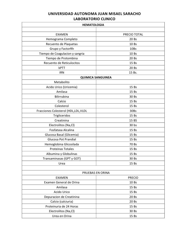 Lista de precios laboratorio