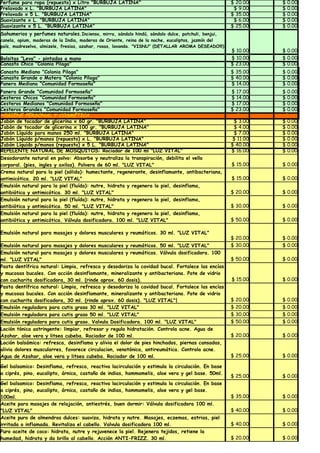 Perfume para ropa (repuesto) x Litro "BURBUJA LATINA"                                               $ 20.00   $ 0.00
Prelavado x L. "BURBUJA LATINA"                                                                      $ 9.00   $ 0.00
Prelavado x 5 L. "BURBUJA LATINA"                                                                   $ 35.00   $ 0.00
Suavizante x L. "BURBUJA LATINA"                                                                     $ 6.00   $ 0.00
Suavizante x 5 L. "BURBUJA LATINA"                                                                  $ 25.00   $ 0.00
Sahumerios y perfumes naturales.Incienso, mirra, sándalo hindú, sándalo dulce, patchuli, benjui,
canela, opium, maderas de la India, maderas de Oriente, reina de la noche, eucaliptos, jazmín del
país, madreselva, almizele, fresias, azahar, rosas, lavanda. "VISNU" (DETALLAR AROMA DESEADO!!!)
                                                                                                    $ 10.00   $ 0.00
Bolsitas "Leva" - pintadas a mano                                                                   $ 10.00   $ 0.00
Canasto Chico "Colonia Pilaga"                                                                      $ 23.00   $ 0.00
Canasto Mediano "Colonia Pilaga"                                                                    $ 35.00   $ 0.00
Canasto Grande o Matera "Colonia Pilaga"                                                            $ 40.00   $ 0.00
Panera Mediana "Comunidad Formoseña"                                                                $ 14.00   $ 0.00
Panera Grande "Comunidad Formoseña"                                                                 $ 17.00   $ 0.00
Cesteros Chicos "Comunidad Formoseña"                                                               $ 14.00   $ 0.00
Cesteros Medianos "Comunidad Formoseña"                                                             $ 17.00   $ 0.00
Cesteros Grandes "Comunidad Formoseña"                                                              $ 23.00   $ 0.00
HIGIENE PERSONAL Y COSMÉTICA                                                                          0        0
Jabón de tocador de glicerina x 60 gr. "BURBUJA LATINA"                                              $ 3.00   $ 0.00
Jabón de tocador de glicerina x 100 gr. "BURBUJA LATINA"                                             $ 4.00   $ 0.00
Jabón Líquido para manos 250 ml. "BURBUJA LATINA"                                                    $ 7.00   $ 0.00
Jabón Líquido p/manos (repuesto) x L. "BURBUJA LATINA"                                              $ 11.00   $ 0.00
Jabón Líquido p/manos (repuesto) x 5 L. "BURBUJA LATINA"                                            $ 40.00   $ 0.00
REPELENTE NATURAL DE MOSQUITOS: Rociador de 100 ml "LUZ VITAL"                                      $ 16.00   $ 0.00
Desodorante natural en polvo: Absorbe y neutraliza la transpiración, debilita el vello
corporal. (pies, ingles y axilas). Polvera de 60 ml. "LUZ VITAL"                                    $ 15.00   $ 0.00
Crema natural para la piel (sólida): humectante, regenerante, desinflamante, antibacteriana,
antimicótica. 20 ml. "LUZ VITAL"                                                                    $ 15.00   $ 0.00
Emulsión natural para la piel (fluída): nutre, hidrata y regenera la piel, desinflama,
antibiótica y antimicótica. 30 ml. "LUZ VITAL"                                                      $ 20.00   $ 0.00
Emulsión natural para la piel (fluída): nutre, hidrata y regenera la piel, desinflama,
antibiótica y antimicótica. 50 ml. "LUZ VITAL"                                                      $ 30.00   $ 0.00
Emulsión natural para la piel (fluída): nutre, hidrata y regenera la piel, desinflama,
antibiótica y antimicótica. Válvula dosificadora. 100 ml. "LUZ VITAL"                               $ 50.00   $ 0.00

Emulsión natural para masajes y dolores musculares y reumáticos. 30 ml. "LUZ VITAL"
                                                                                                    $ 20.00   $ 0.00
Emulsión natural para masajes y dolores musculares y reumáticos. 50 ml. "LUZ VITAL"                 $ 30.00   $ 0.00
Emulsión natural para masajes y dolores musculares y reumáticos. Válvula dosificadora. 100
ml. "LUZ VITAL"                                                                                     $ 50.00   $ 0.00
Pasta dentífrica natural: Limpia, refresca y desodoriza la cavidad bucal. Fortalece las encías
y mucosas bucales. Con acción desinflamante, mineralizante y antibacteriana. Pote de vidrio
con cucharita dosificadora, 30 ml. (rinde aprox. 60 dosis).                                         $ 15.00   $ 0.00
Pasta dentífrica natural: Limpia, refresca y desodoriza la cavidad bucal. Fortalece las encías
y mucosas bucales. Con acción desinflamante, mineralizante y antibacteriana. Pote de vidrio
con cucharita dosificadora, 30 ml. (rinde aprox. 60 dosis). "LUZ VITAL"|                            $ 20.00   $ 0.00
Emulsión reguladora para cutis graso 30 ml. "LUZ VITAL"                                             $ 20.00   $ 0.00
Emulsión reguladora para cutis graso 50 ml. "LUZ VITAL"                                             $ 30.00   $ 0.00
Emulsión reguladora para cutis graso. Valvula Dosificadora. 100 ml. "LUZ VITAL"                     $ 50.00   $ 0.00
Loción tónica astringente: limpiar, refresar y regula hidratación. Controla acne. Agua de
Azahar, aloe vera y litsea cubeba. Rociador de 100 ml.                                              $ 20.00   $ 0.00
Loción balsámica: refresca, desinflama y alivia el dolor de pies hinchados, piernas cansadas,
alivia dolores muscularres, favorece circulacion, venotónica, antireumática. Controla acne.
Agua de Azahar, aloe vera y litsea cubeba. Rociador de 100 ml.                                      $ 25.00   $ 0.00

Gel balsamico: Desinflama, refresca, reactiva lacirculación y estimula la circulación. En base
a ciprés, pino, eucalipto, árnica, castaño de indias, hammamelis, aloe vera y gel base. 50ml.
                                                                                                    $ 25.00   $ 0.00
Gel balsamico: Desinflama, refresca, reactiva lacirculación y estimula la circulación. En base
a ciprés, pino, eucalipto, árnica, castaño de indias, hammamelis, aloe vera y gel base.
100ml.                                                                                              $ 35.00   $ 0.00
Aceite para masajes de relajación, antiestrés, buen dormir: Válvula dosificadora 100 ml.
"LUZ VITAL"                                                                                         $ 40.00   $ 0.00
Aceite puro de almendras dulces: suaviza, hidrata y nutre. Masajes, eczemas, estrias, piel
irritada o inflamada. Revitaliza el cabello. Valvula dosificadora 100 ml.                           $ 40.00   $ 0.00
Puro aceite de coco: hidrata, nutre y rejuvenece la piel. Rejenera tejidos, retiene la
humedad, hidrata y da brillo al cabello. Acción ANTI-FRIZZ. 30 ml.                                  $ 20.00   $ 0.00
 