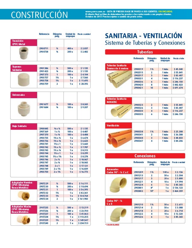 Lista de precios pavco noviembre 2017