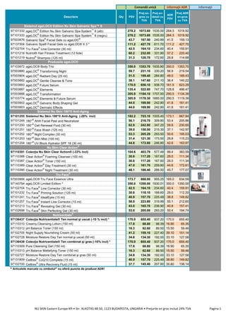Descriere Qty PSV
Preţ en-
gros cu
TVA
Preţ en-
detail cu
TVA
ADR
PSV
Preţ ADR
en-gros
cu TVA
97101332 ageLOC
®
Edition Nu Skin Galvanic Spa System
™
II (alb) 278.2 1073.60 1535.00 264.3 1019.92
97101333 ageLOC
®
Edition Nu Skin Galvanic Spa System
™
II (negru) 278.2 1073.60 1535.00 264.3 1019.92
97003876 Galvanic Spa®
Facial Gels cu ageLOC®
43.7 167.50 240.89 41.5 159.13
97137304 Galvanic Spa® Facial Gels cu ageLOC® X 3 * 111.2 427.70 611.70 111.2 427.70
97102704 Tru Face®
Line Corrector (30 ml) 42.5 164.10 234.60 40.4 155.91
97101218 Nutriol® Hair Fitness Treatment (12 fiole) 60.2 232.00 331.90 57.2 220.40
97101219 Nutriol®
Shampoo (125 ml) 31.3 120.70 172.60 29.8 114.68
97103972 ageLOC® Body Trio 350.0 1353.70 1935.80 350.0 1353.70
97003880 ageLOC
®
Transforming Night 59.7 231.10 330.20 56.9 219.54
97003904 ageLOC
®
Radiant Day (25 ml) 51.5 199.40 284.80 49.0 189.43
97003882 ageLOC®
Gentle Cleanse & Tone 38.1 147.60 211.10 36.4 140.22
97003883 ageLOC®
Future Serum 170.0 656.10 938.70 161.5 623.29
97003887 ageLOC®
Elements 135.4 522.60 747.70 128.8 496.47
97003888 ageLOC
®
Transformation 305.9 1194.10 1707.50 290.5 1134.39
97103774 ageLOC
®
Elements & Future Serum 305.9 1178.30 1685.00 290.5 1119.39
97003902 ageLOC
®
Galvanic Body Shaping Gel 44.0 169.90 242.80 41.8 161.41
97003903 ageLOC
®
Dermatic Effects 44.0 169.90 242.80 41.8 161.41
97101255 Sistemul Nu Skin 180°® Anti-Aging (-20% incl) 182.2 703.10 1005.40 173.1 667.94
97101249 180°®
AHA Facial Peel and Neutralizer 56.1 216.70 309.80 53.4 205.86
97101250 180°
®
Cell Renewal Fluid (30 ml) 62.9 242.80 347.20 59.8 230.65
97101251 180°®
Face Wash (125 ml) 39.0 150.50 215.30 37.1 142.97
97101252 180°
®
Night Complex (30 ml) 53.3 205.29 293.50 50.6 195.03
97101253 180°®
Skin Mist (100 ml) 31.4 121.30 173.50 29.8 115.23
97101254 180°
®
UV Block Hydrator SPF 18 (30 ml) 44.8 172.60 246.80 42.6 163.97
97110391 Colecţia Nu Skin Clear Action® (-33% incl) 104.6 403.79 577.49 99.4 383.59
97110388 Clear Action
®
Foaming Cleanser (100 ml) 30.6 117.20 167.60 29.0 111.34
97110387 Clear Action
®
Toner (150 ml) 30.6 117.20 167.60 29.0 111.34
97110389 Clear Action
®
Day Treatment (30 ml) 47.0 181.70 259.80 44.6 172.61
97110390 Clear Action®
Night Treatment (30 ml) 48.1 186.40 266.50 45.7 177.07
97003906 ageLOC® Tru Face Essence Ultra 173.7 668.00 955.25 165.0 634.59
97140794 ageLOC® Limited Edition * 350.0 1350.00 1930.51 350.0 1350.00
97102704 Tru Face®
Line Corrector (30 ml) 42.5 164.10 234.60 40.4 155.91
97101232 Tru Face
®
Priming Solution (125 ml) 30.6 118.10 168.60 29.0 112.20
97101241 Tru Face®
IdealEyes (15 ml) 40.9 157.70 225.49 38.8 149.82
97101257 Tru Face®
Instant Line Corrector (15 ml) 58.0 223.80 319.99 55.1 212.60
97101213 Tru Face®
Revealing Gel (30 ml) 43.0 165.70 236.90 40.8 157.41
97102698 Tru Face®
Skin Perfecting Gel (30 ml) 53.0 205.00 293.20 50.4 194.74
97136437 Colecţia Nutricentials® Ten normal şi uscat (-10 % incl) * 170.0 655.40 937.20 170.0 655.40
97110310 Creamy Cleansing Lotion (150 ml) 17.8 68.80 98.39 16.90 65.35
97110312 pH Balance Toner (150 ml) 16.3 62.60 89.50 15.50 59.46
97102705 Night Supply Nourishing Cream (50 ml) 41.2 159.10 227.40 39.10 151.14
97102728 Moisture Restore Day Ten normal şi uscat (50 ml) 34.8 134.30 192.00 33.10 127.58
97136438 Colecţia Nutricentials® Ten combinat şi gras (-10% incl) * 170.0 655.40 937.20 170.0 655.40
97110309 Pure Cleansing Gel (150 ml) 17.8 68.80 98.39 16.90 65.35
97110313 pH Balance Mattefying Toner (150 ml) 16.3 62.60 89.50 15.50 59.46
97102727 Moisture Restore Day Ten combinat şi gras (50 ml) 34.8 134.30 192.00 33.10 127.58
97131809 Celltrex
®
CoQ10 Complete (15 ml) 40.9 157.70 225.49 38.80 149.82
97102700 Celltrex
®
Ultra Recovery Fluid (15 ml) 37.7 145.40 207.90 35.80 138.14
* Articolele marcate cu simbolul* nu oferă puncte de produse ADR!
Produsele ageLOC®
Nutricentials®
Sistemul Nu Skin 180°® Anti-Aging
Nu Skin Clear Action
®
Tru Face®
Informaţii ADR InformaţiiComandă unică
Sistemul ageLOC® Edition Nu Skin Galvanic Spa™ II
NU SKIN Eastern Europe Kft • Str. ALKOTAS 48-50, 1123 BUDAPESTA, UNGARIA • Preţurile en gros includ 24% TVA Pagina 1
 