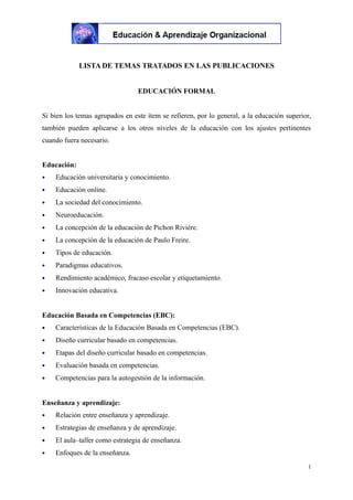 LISTA DE TEMAS TRATADOS EN LAS PUBLICACIONES
EDUCACIÓN FORMAL
Si bien los temas agrupados en este ítem se refieren, por lo general, a la educación superior,
también pueden aplicarse a los otros niveles de la educación con los ajustes pertinentes
cuando fuera necesario.
Educación:
 Educación universitaria y conocimiento.
 Educación online.
 La sociedad del conocimiento.
 Neuroeducación.
 La concepción de la educación de Pichon Riviére.
 La concepción de la educación de Paulo Freire.
 Tipos de educación.
 Paradigmas educativos.
 Rendimiento académico, fracaso escolar y etiquetamiento.
 Innovación educativa.
Educación Basada en Competencias (EBC):
 Características de la Educación Basada en Competencias (EBC).
 Diseño curricular basado en competencias.
 Etapas del diseño curricular basado en competencias.
 Evaluación basada en competencias.
 Competencias para la autogestión de la información.
Enseñanza y aprendizaje:
 Relación entre enseñanza y aprendizaje.
 Estrategias de enseñanza y de aprendizaje.
 El aula–taller como estrategia de enseñanza.
 Enfoques de la enseñanza.
1
 