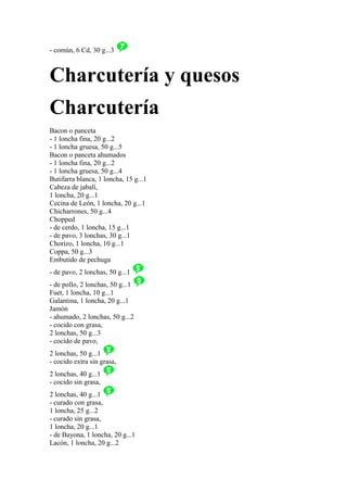 - común, 6 Cd, 30 g...3



Charcutería y quesos
Charcutería
Bacon o panceta
- 1 loncha fina, 20 g...2
- 1 loncha gruesa, 50 g...5
Bacon o panceta ahumados
- 1 loncha fina, 20 g...2
- 1 loncha gruesa, 50 g...4
Butifarra blanca, 1 loncha, 15 g...1
Cabeza de jabalí,
1 loncha, 20 g...1
Cecina de León, 1 loncha, 20 g...1
Chicharrones, 50 g...4
Chopped
- de cerdo, 1 loncha, 15 g...1
- de pavo, 3 lonchas, 30 g...1
Chorizo, 1 loncha, 10 g...1
Coppa, 50 g...3
Embutido de pechuga
- de pavo, 2 lonchas, 50 g...1
- de pollo, 2 lonchas, 50 g...1
Fuet, 1 loncha, 10 g...1
Galantina, 1 loncha, 20 g...1
Jamón
- ahumado, 2 lonchas, 50 g...2
- cocido con grasa,
2 lonchas, 50 g...3
- cocido de pavo,
2 lonchas, 50 g...1
- cocido extra sin grasa,
2 lonchas, 40 g...1
- cocido sin grasa,
2 lonchas, 40 g...1
- curado con grasa,
1 loncha, 25 g...2
- curado sin grasa,
1 loncha, 20 g...1
- de Bayona, 1 loncha, 20 g...1
Lacón, 1 loncha, 20 g...2
 