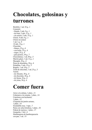 Chocolates, golosinas y
turrones
Bombón, 1 ud, 10 g...1
Caramelo
- blando, 2 uds, 9 g...1
- de fruta, 2 uds, 12 g...1
- sin azúcar, 2 uds, 14 g...1
Chicle, 4 uds, 8 g...1
Chicle sin azúcar
1 ud, 1 g...0
14 uds, 14 g...1
Chocolate
- blanco, 25 g...4
- con leche, 25 g...4
- negro, 25 g...4
- para postres, 50 g...7
Chocolatinas, 1 ud, 40 g...5
Marrón glacé, 1 ud, 12 g...1
Mazapán, 30 g...4
Pasta de almendras, 30 g...4
Peladillas, 5 uds, 25 g...3
Regaliz, 1 ud, 10 g...1
Trufa de chocolate, 1 ud, 25 g...3
Turrón
- de Alicante, 30 g...4
- de chocolate, 30 g...4
- de Jijona, 30 g...4
- de yema, 30 g...4



Comer fuera
Arroz a la cubana, 1 plato...11
Calamares a la romana, 1 plato...14
Canelones con bechamel,
1 plato...12
Croquetas de jamón serrano,
1 plato...14
Ensaladilla rusa, 1 tapa...7
Pasta con salsa boloñesa, 1 plato...10
Fideuá de marisco, 1 plato...17
Gazpacho, 1 bol...4
Hamburguesa de hamburguesería
con pan, 1 ud...15
 