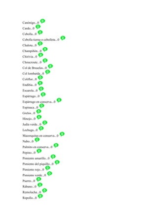 Canónigo...0
Cardo...0
Cebolla...0
Cebolla tierna o cebolleta...0
Chalota...0
Champiñón...0
Chirivia...0
Choucroute...0
Col de Bruselas...0
Col lombarda...0
Coliflor...0
Endibia...0
Escarola...0
Espárrago...0
Espárrago en conserva...0
Espinaca...0
Grelos...0
Hinojo...0
Judía verde...0
Lechuga...0
Mazorquitas en conserva...0
Nabo...0
Palmito en conserva...0
Pepino...0
Pimiento amarillo...0
Pimiento del piquillo...0
Pimiento rojo...0
Pimiento verde...0
Puerro...0
Rábano...0
Remolacha...0
Repollo...0
 